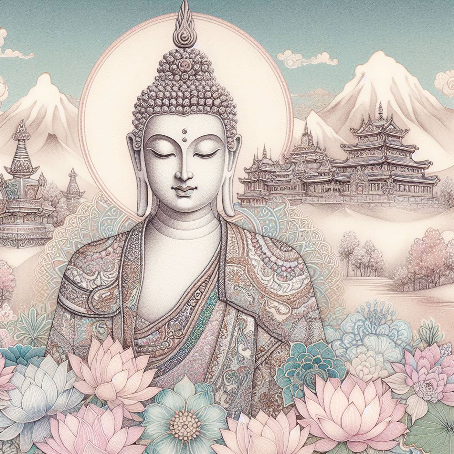 Buddha with delicate woven robes with silver & gold glittery stitching. a backdrop of a mountains & a monasteries with intricate designs. Lotus flower petals. Blue cloudy sky. pastel shades.. buddhas, monasteries, mountains, spirituality