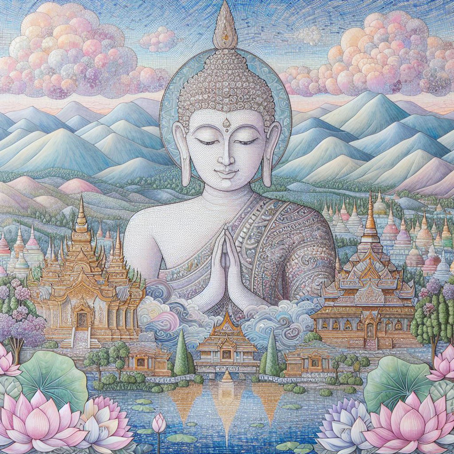 Buddha with delicate woven robes with silver & gold glittery stitching. a backdrop of a mountains & a monasteries with intricate designs. Lotus flower petals. A beautiful lake. Blue cloudy sky. pastel shades., buddhas, monasteries, mountains, temples