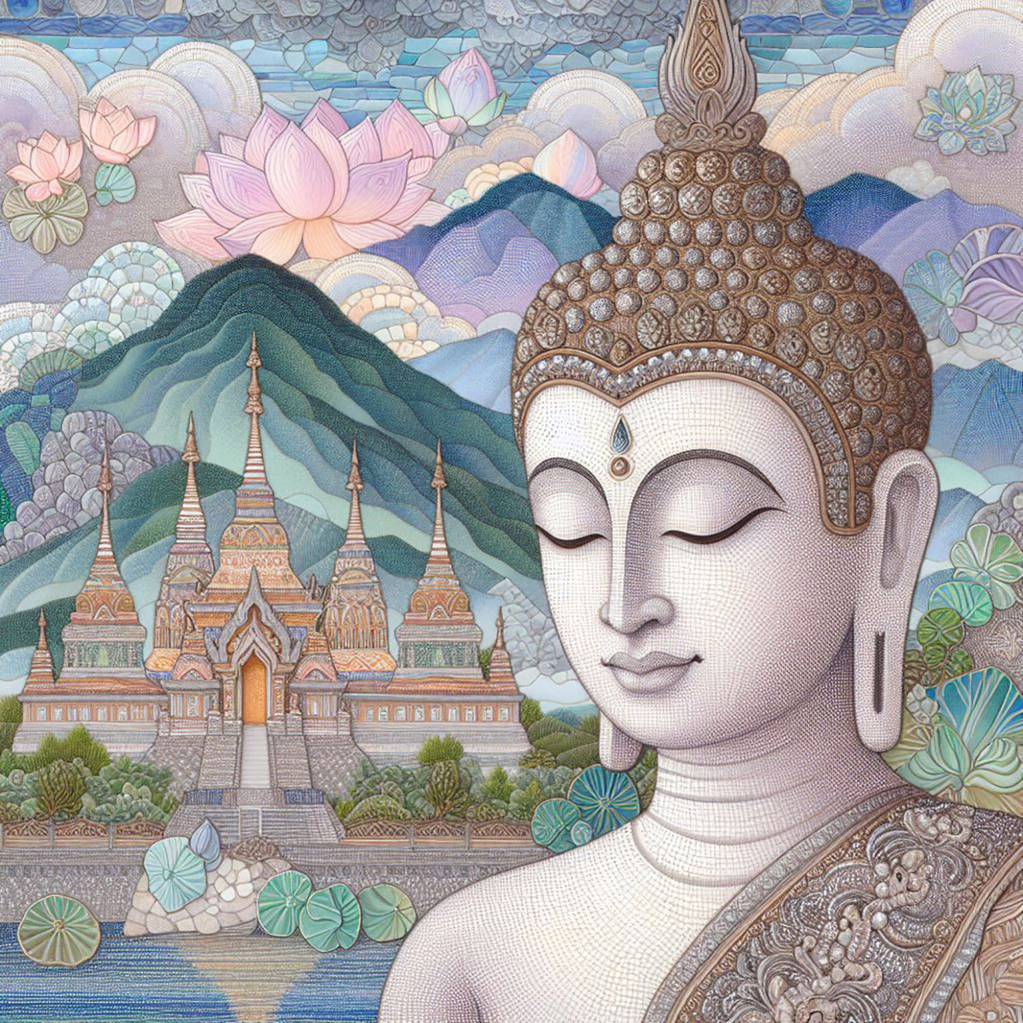 Buddha with delicate woven robes with silver & gold glittery stitching. a backdrop of a mountains & a monasteries with intricate designs. Lotus flower petals. A beautiful lake. Blue cloudy sky. pastel shades., buddhas, temples, mountains, lakes