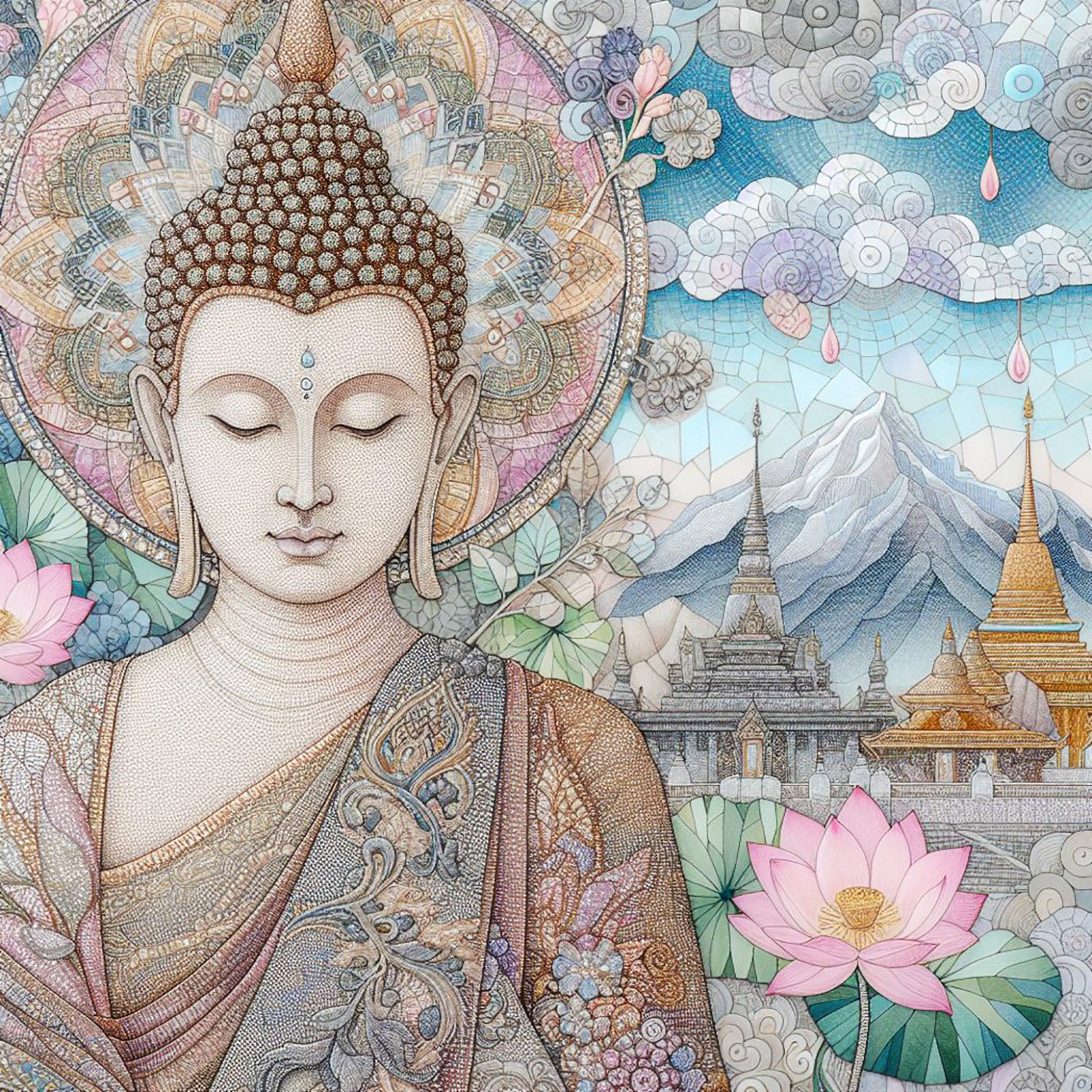 Buddha with delicate woven robes with silver & gold glittery stitching. a backdrop of a mountains &  monasteries with intricate designs. Lotus flower petals. Blue cloudy sky. pastel shades., buddhas, temples, mountains