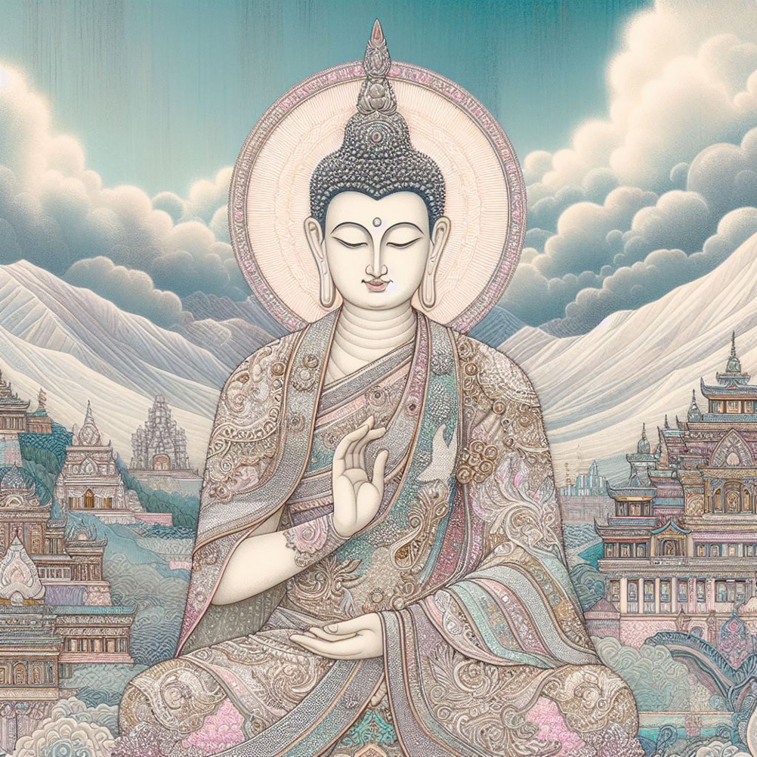 Buddha with delicate woven robes with silver & gold glittery stitching. a backdrop of a mountains & monasteries with intricate designs. Lotus flower petals. Blue cloudy sky. pastel shades.. buddhas