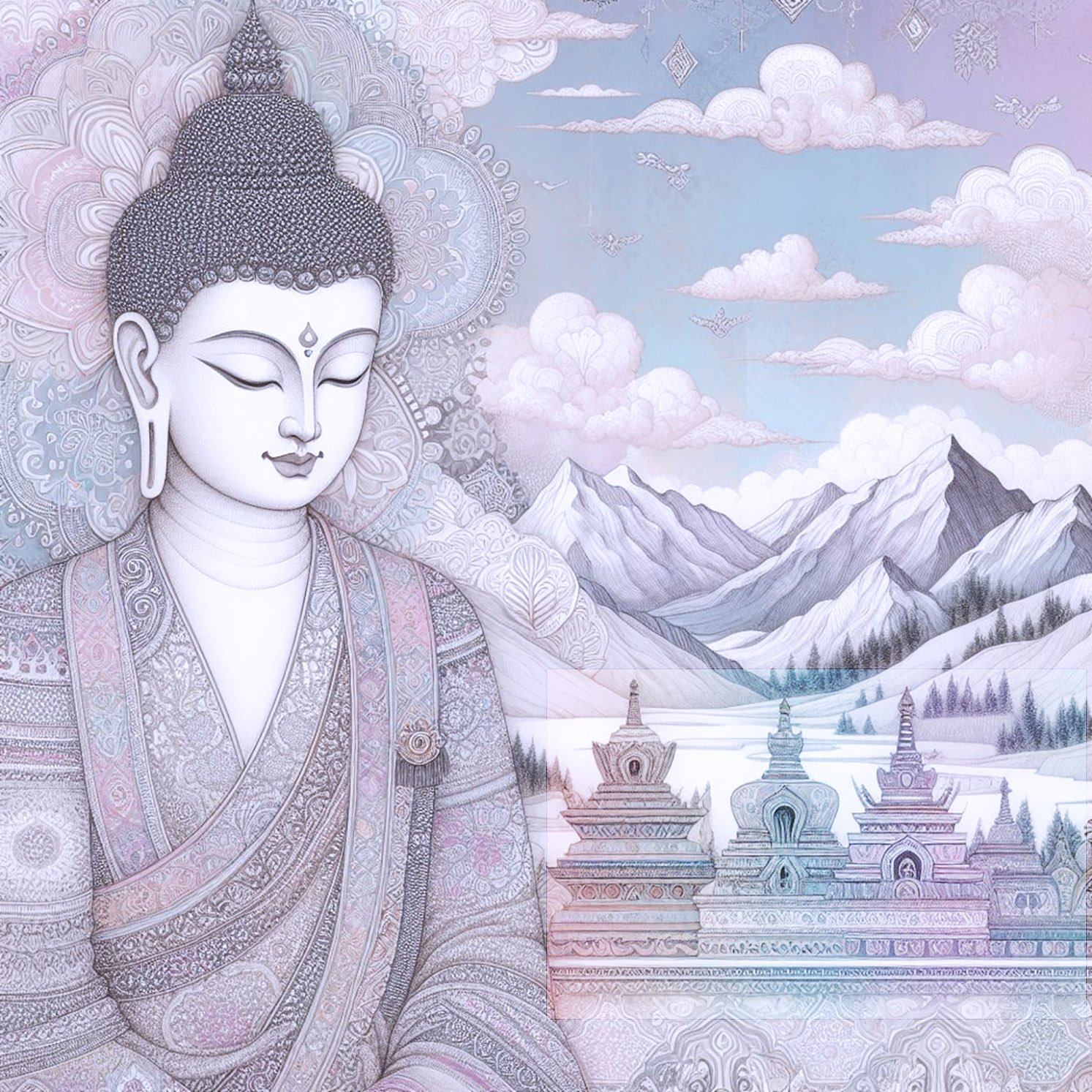 Buddha with delicate woven robes with silver & gold glittery stitching. a backdrop of a mountains & monasteries with intricate designs. Lotus flower petals. Blue cloudy sky. pastel shades., buddhas, temples, mountains