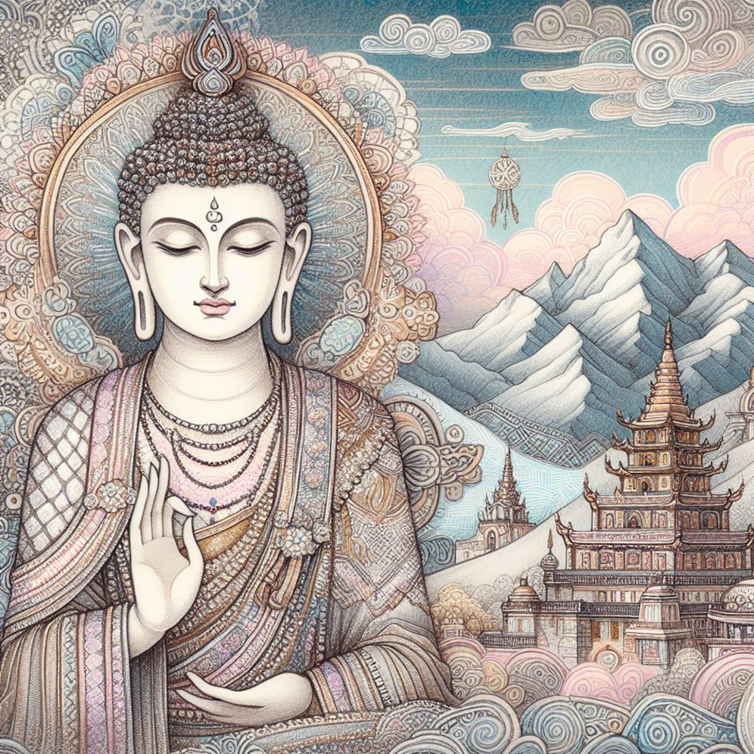 Buddha with delicate woven robes with silver & gold glittery stitching. a backdrop of a mountains & monasteries with intricate designs. Lotus flower petals. Blue cloudy sky. pastel shades., buddhas, mountains, temples