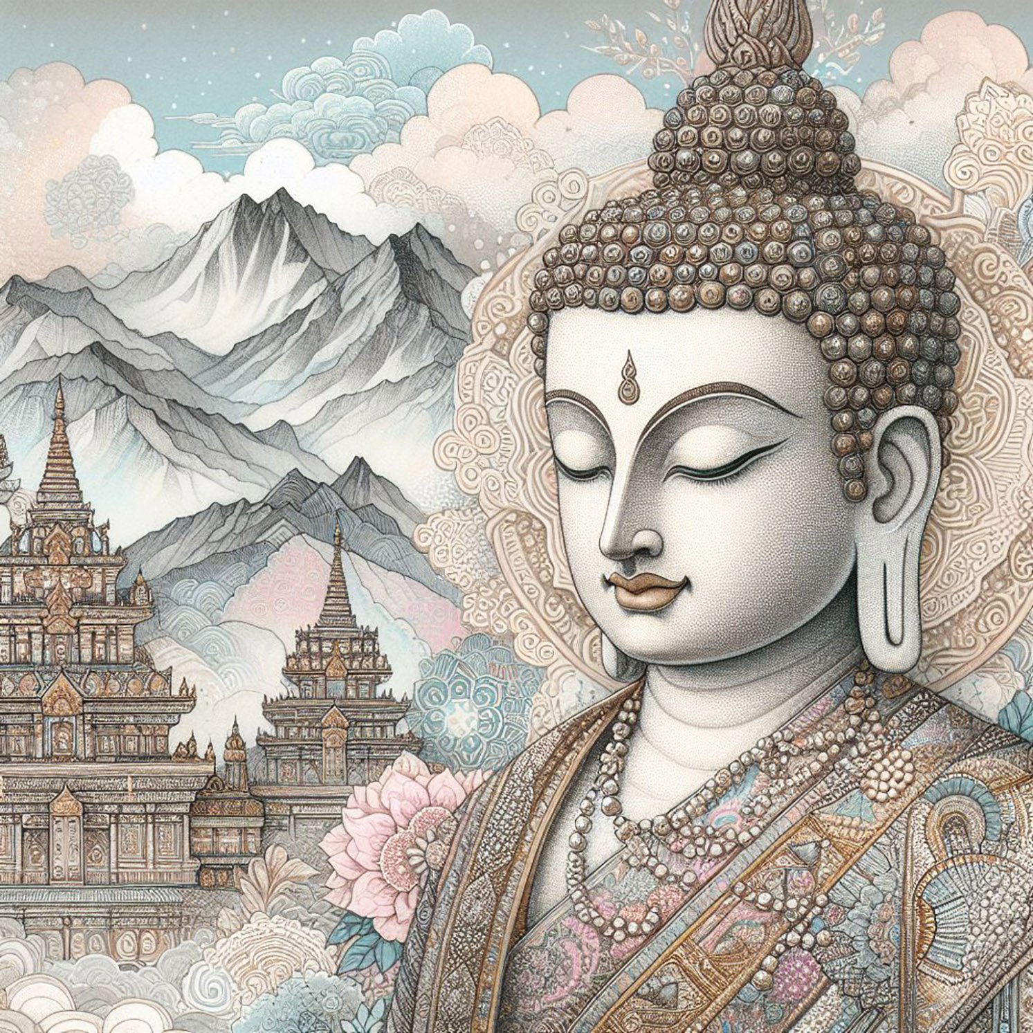 Buddha with delicate woven robes with silver & gold glittery stitching. a backdrop of a mountains & monasteries with intricate designs. Lotus flower petals. Blue cloudy sky. pastel shades., buddhas, temples, monasteries, spirituality