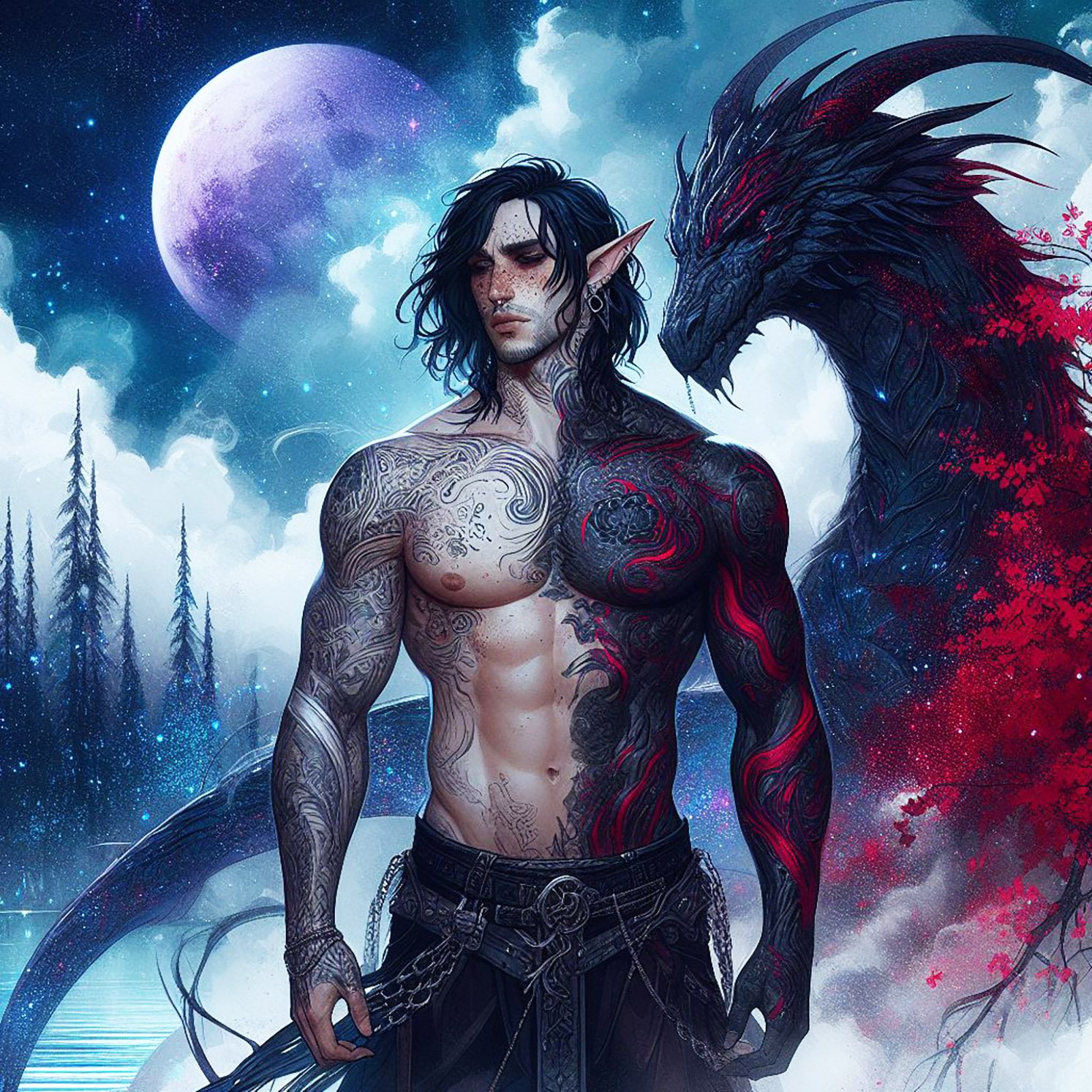 .A male elf with black hair with a black & Red dragon in a mystical forest with a lake & Red trees