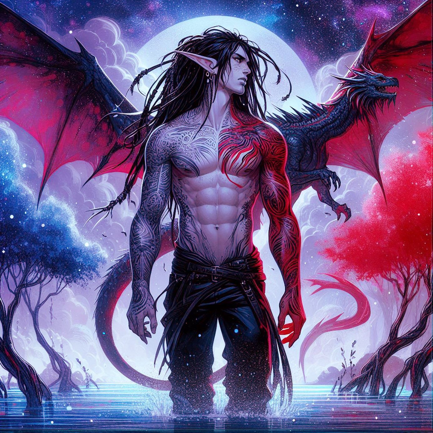 A male elf with black hair with a black & Red dragon in a mystical forest with a lake & Red trees., elf, dragons, forest, lake