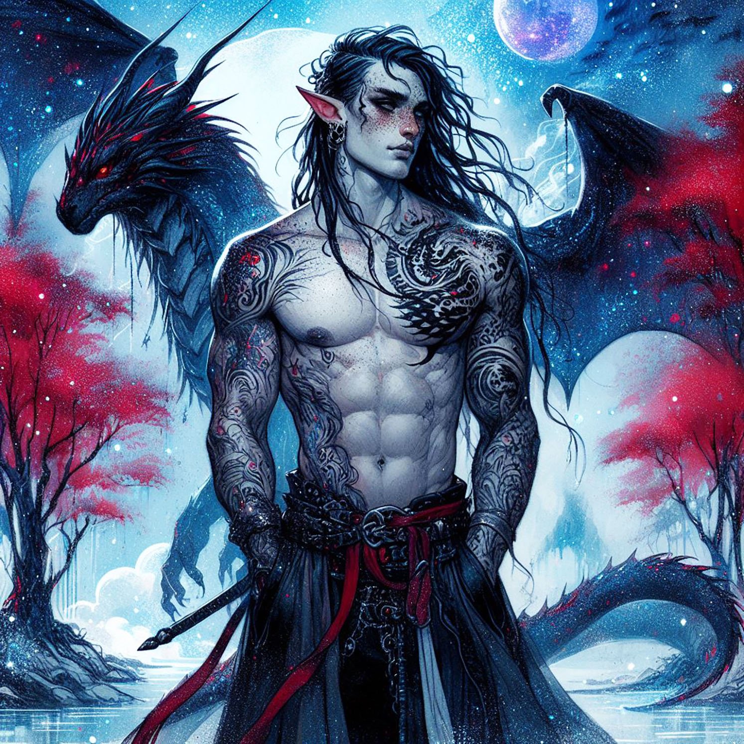 A male elf with black hair with a black & Red dragon in a mystical forest with a lake & Red trees. A full moon., elf, elves, dragons, fantasy, wallpapers
