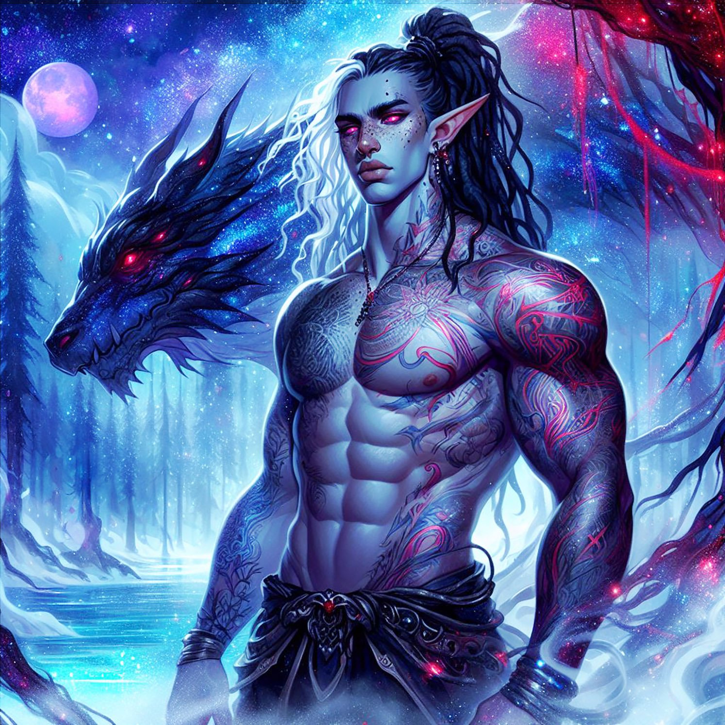 A male elf with black hair with a black & Red dragon in a mystical forest with a lake & Red trees. A full moon., elf, elves, dragons, fantasy, wallpapers