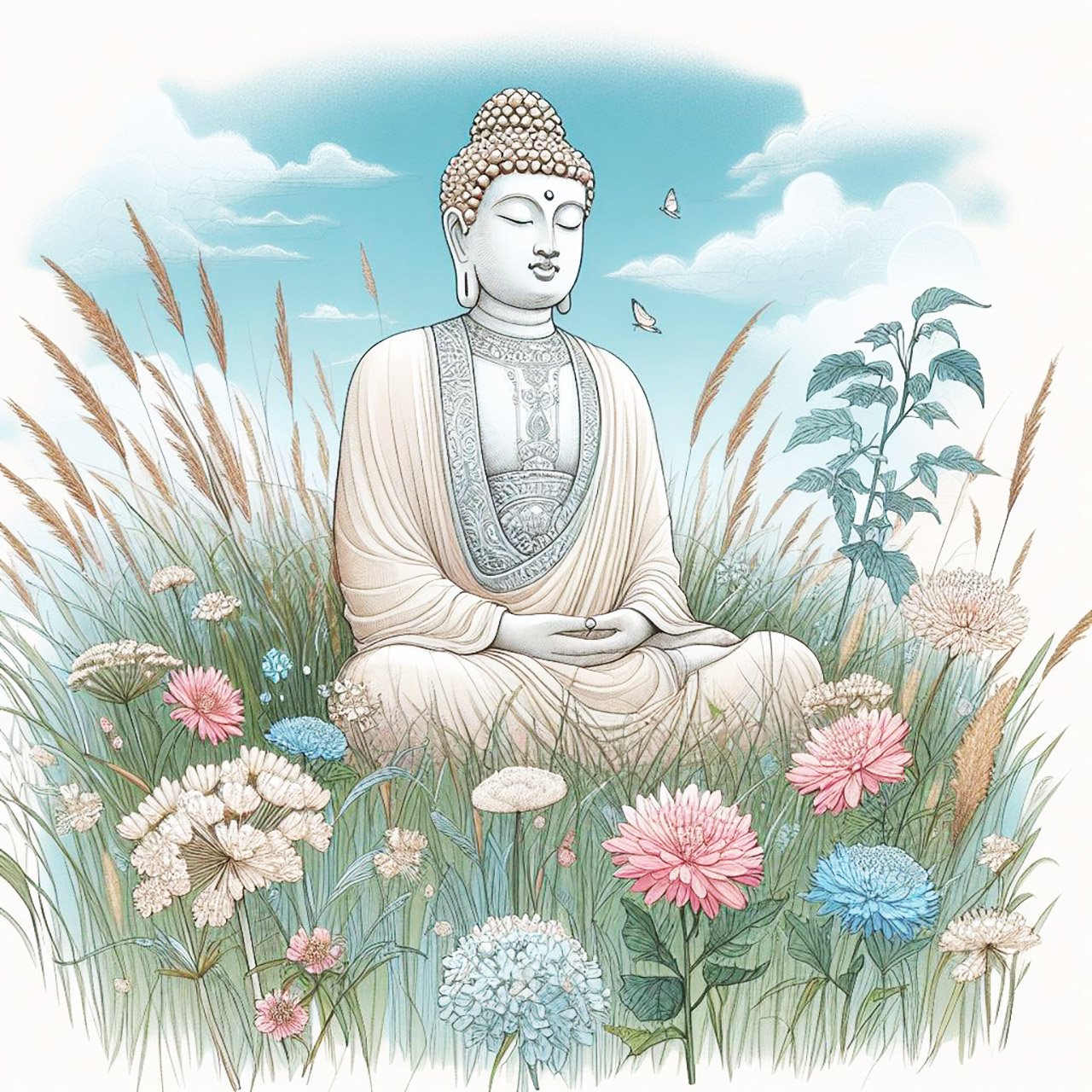 A cream buddha in a meadow with long green grass & beautiful flowers. Blue cloudy sky. buddha, buddhism
