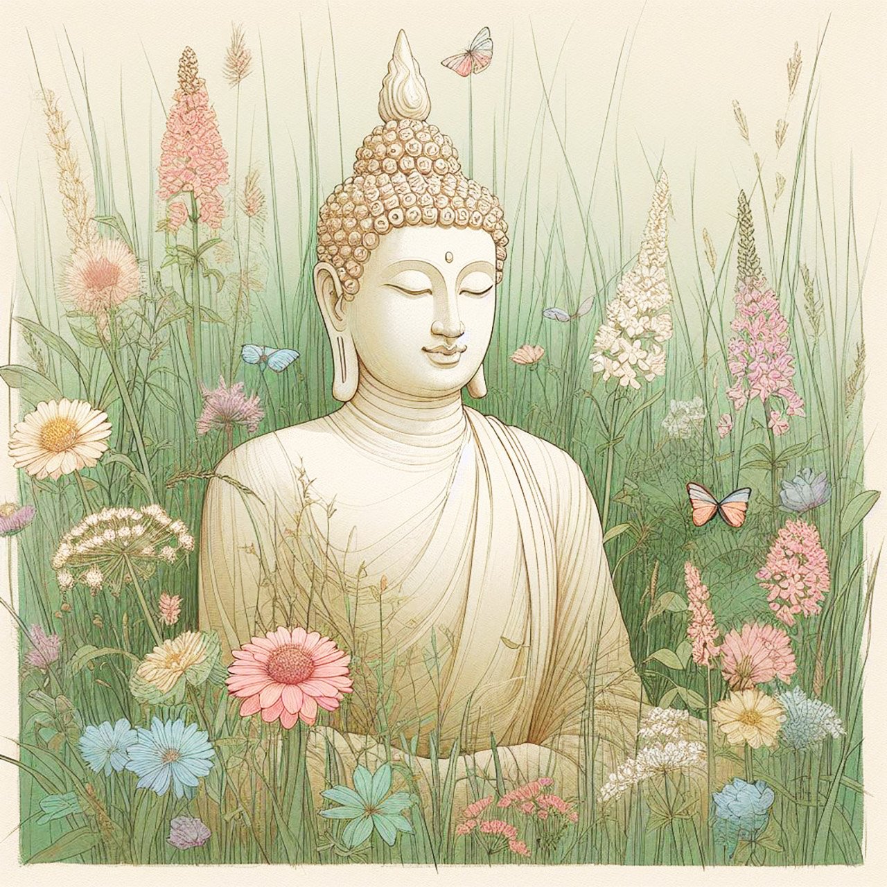 A cream buddha in a meadow with long green grass & beautiful flowers. Blue cloudy sky., buddha, spiritual, fantasy, wallpapers