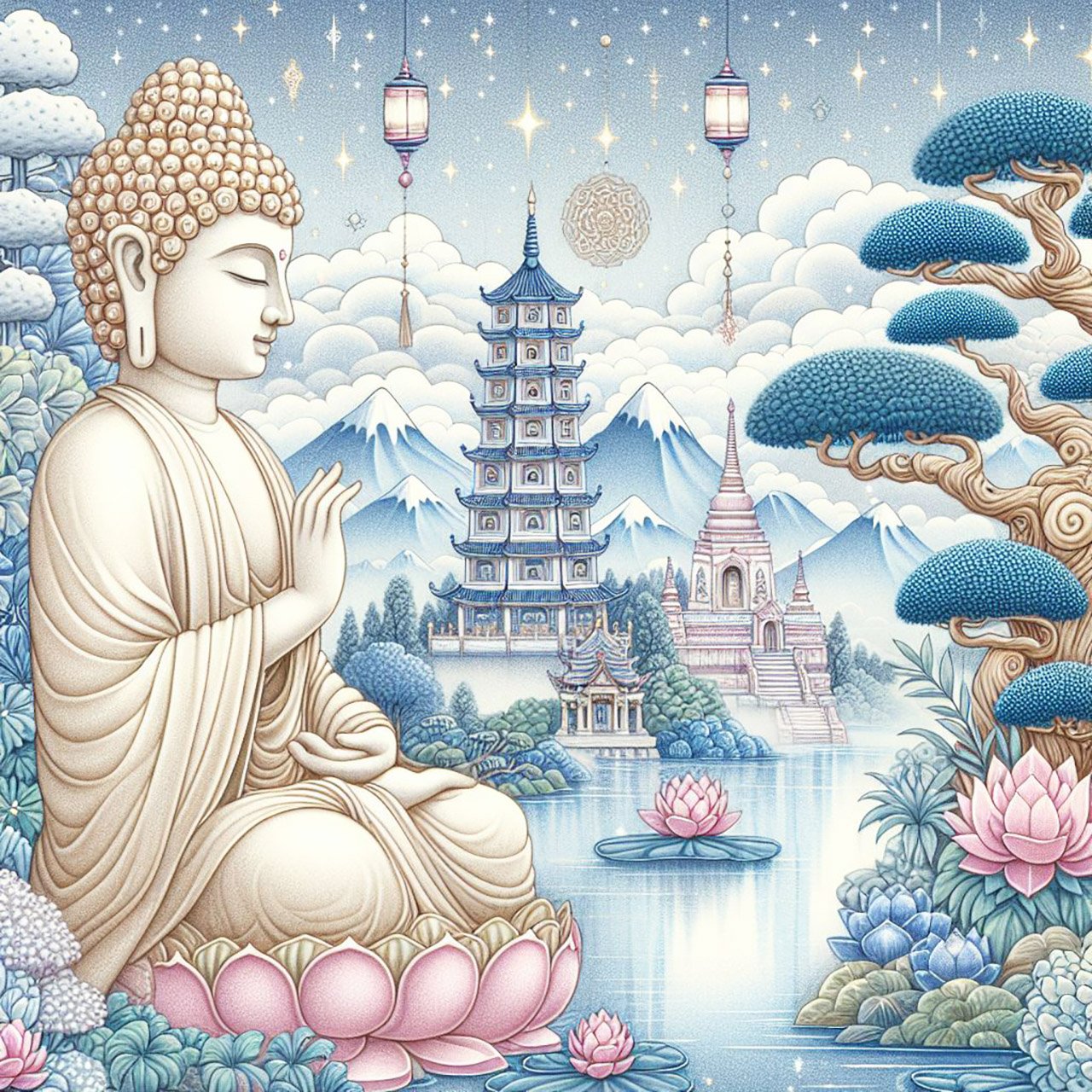 A medium sized statue of a pale cream buddha. There are blue mountains in the background, a misty blue lake & beautiful Temples. Blue cloudy sky. There are tall bonsai trees with white petals. pastel shades, buddhas, monasteries, spiritual, wallpaper