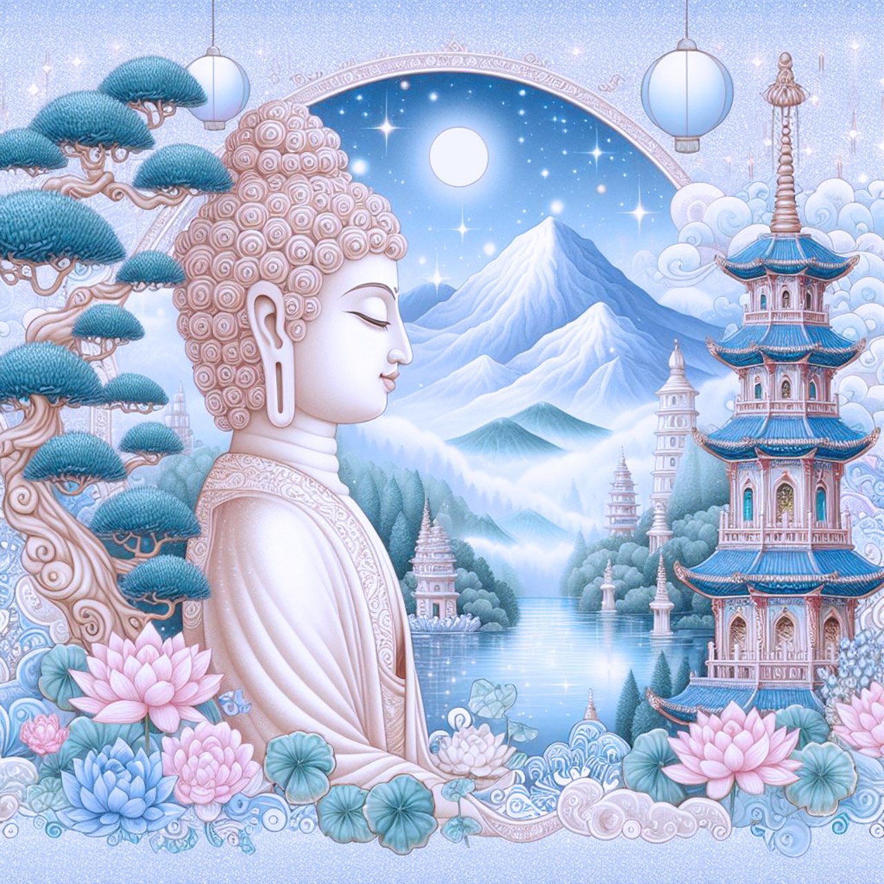 A medium sized statue of a pale cream buddha. There are blue mountains in the background, a misty blue lake & beautiful Temples. Blue cloudy sky. There are tall bonsai trees with white petals & beautiful flowers. pastel shades, buddhas, bonsai, spiritual,