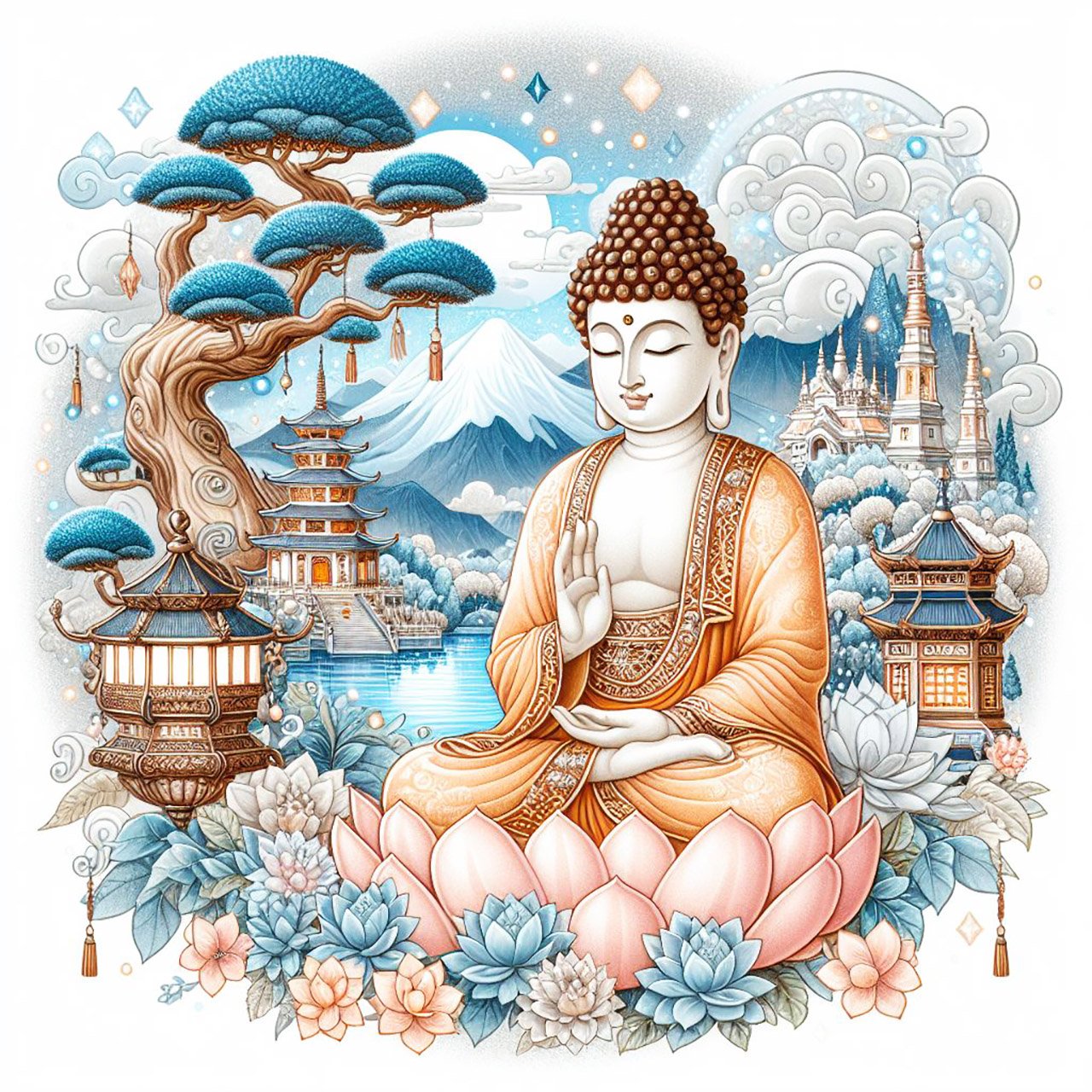A medium sized statue of a pale cream buddha with peach delicate woven robes with silver & gold glittery stitching. a backdrop of a mountains & a monasteries with intricate designs. There is. a misty blue lake & beautiful Temples. Blue cloudy sky. There a