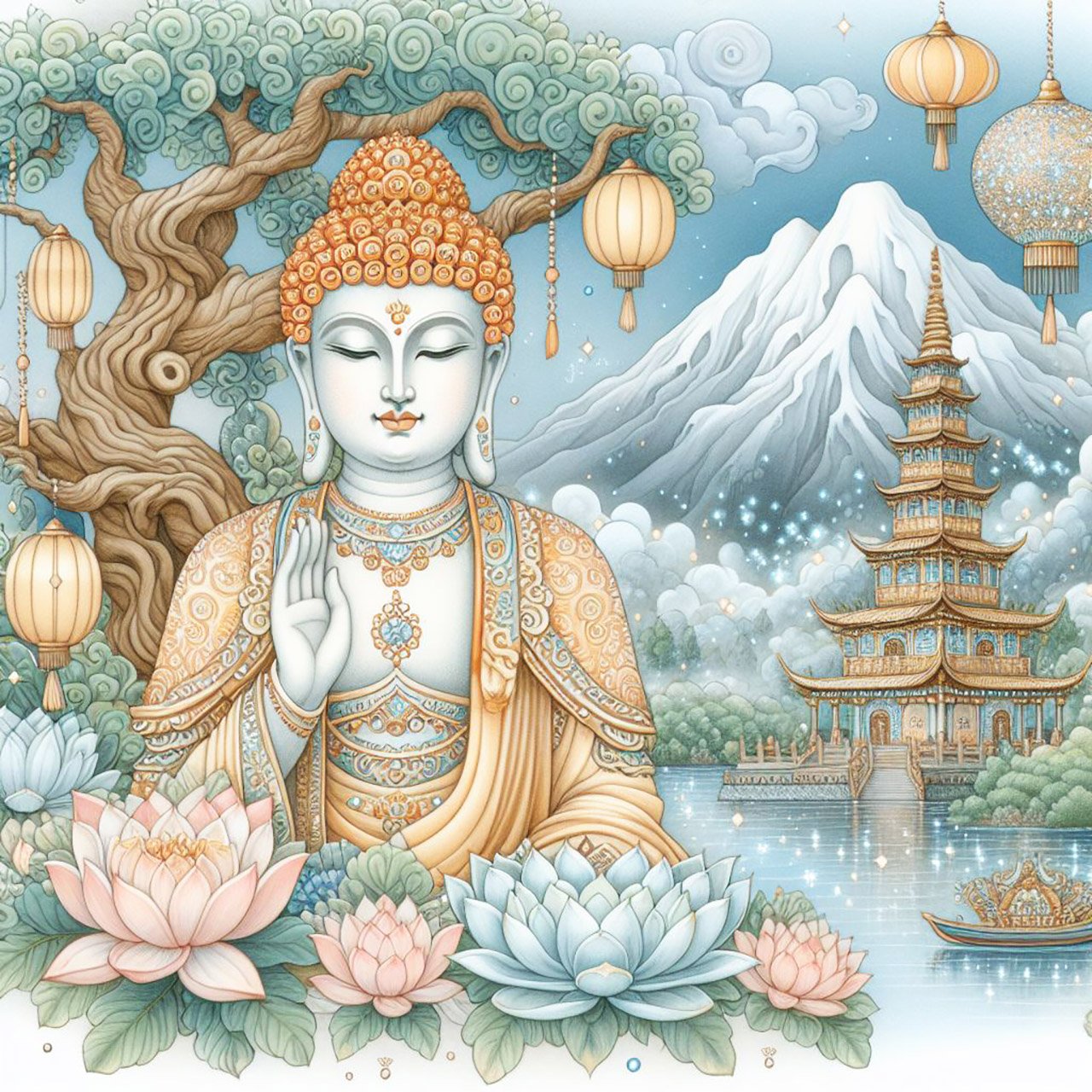 A medium sized statue of a pale cream buddha with peach delicate woven robes with silver & gold glittery stitching. A backdrop of a mountains & a monasteries with intricate designs. There is a misty blue lake, lanterns & beautiful Temples. Blue cloudy sky
