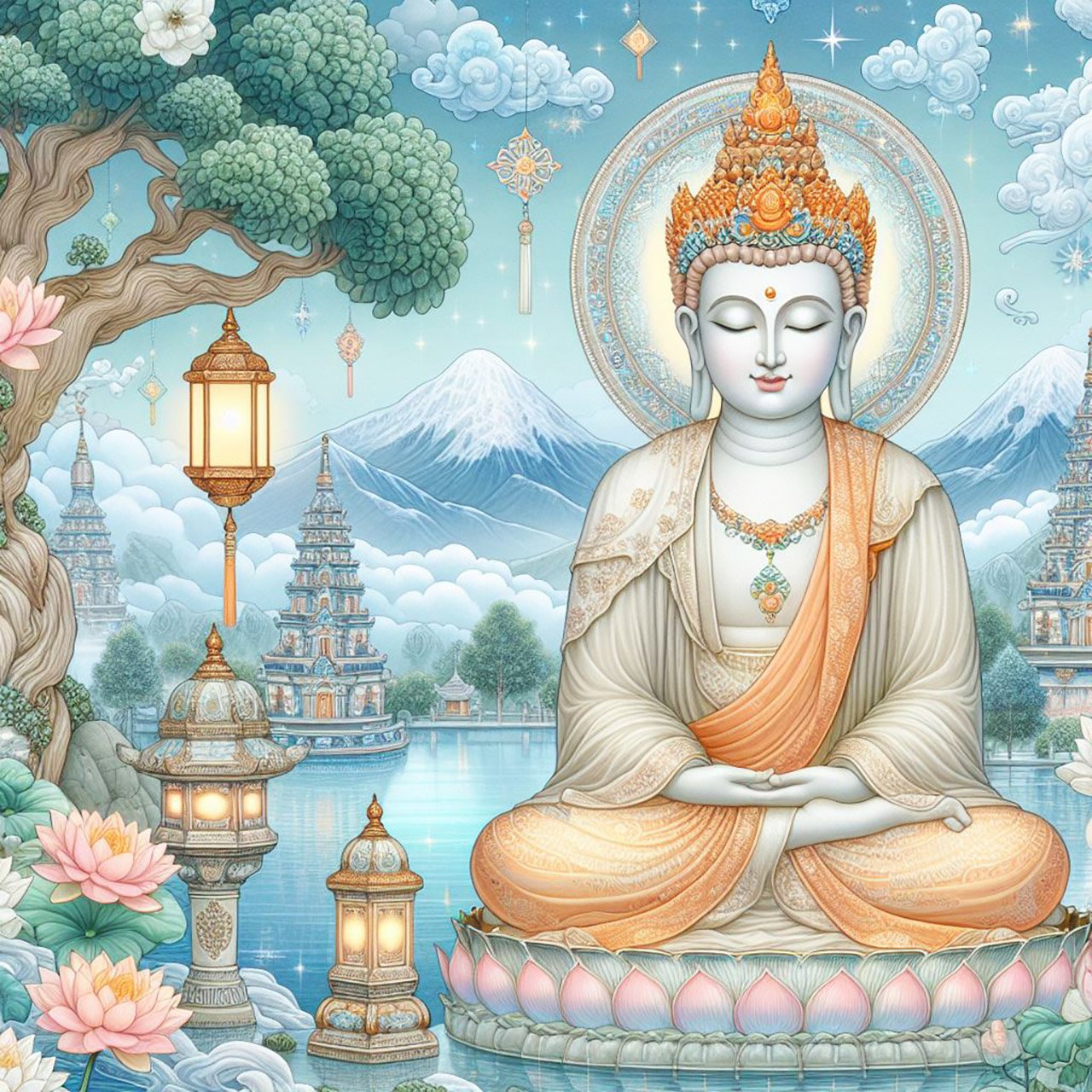 A medium sized statue of a pale cream buddha with peach delicate woven robes with silver & gold glittery stitching. A backdrop of a mountains & a monasteries with intricate designs. There is a misty blue lake, lanterns & beautiful Temples. Blue cloudy sky