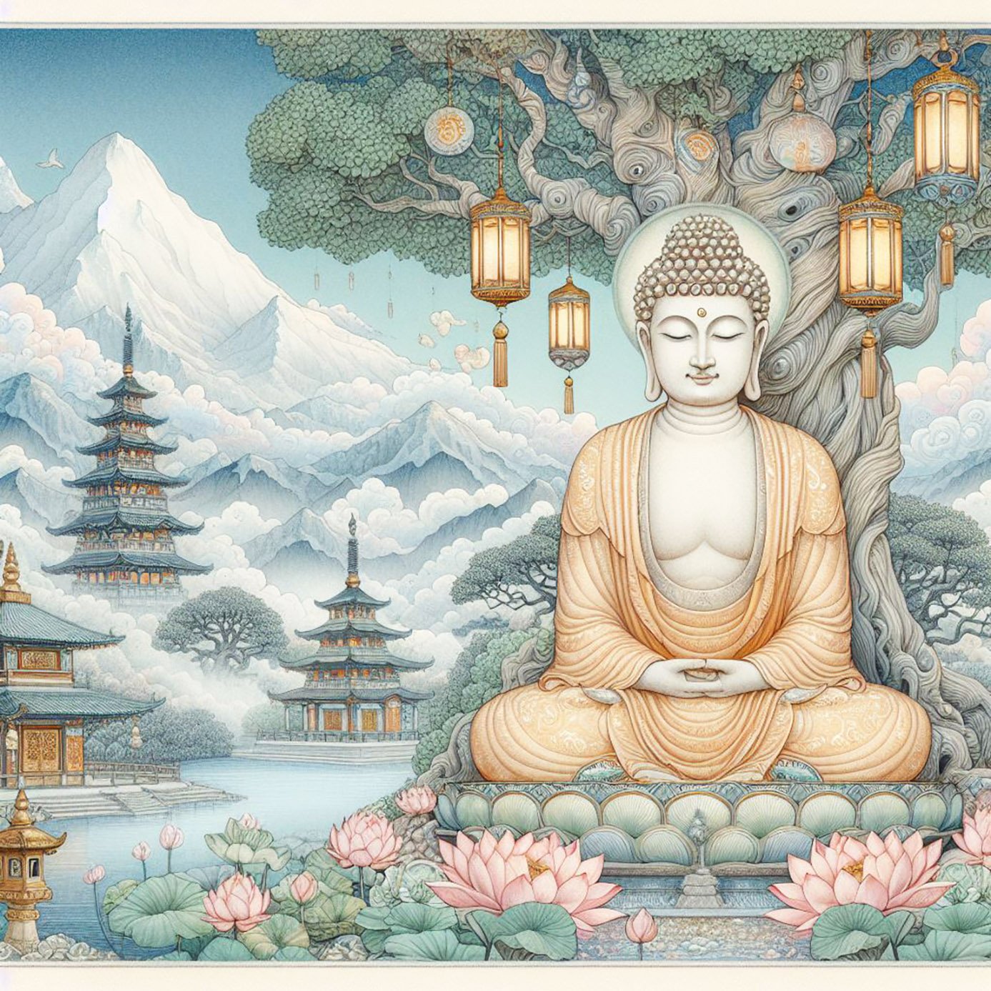A medium sized statue of a pale cream buddha with peach delicate woven robes with silver & gold glittery stitching. A backdrop of a mountains & a monasteries with intricate designs. There is a misty blue lake, lanterns & beautiful Temples. Blue cloudy sky