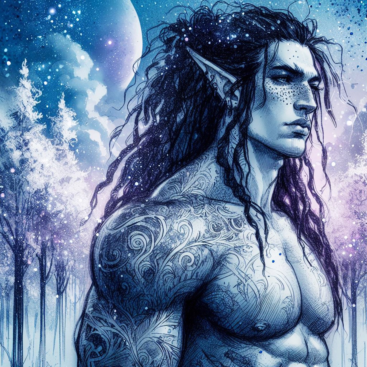 A muscular male pale elf warrior, with black dreadlocks, tattoos on his body & freckles.. He is a warrior. he is in the middle of a magical misty purple forest with white trees, Elf, elves, nymphs, ethereal, folklore, fantasy, forest, wallpapers
