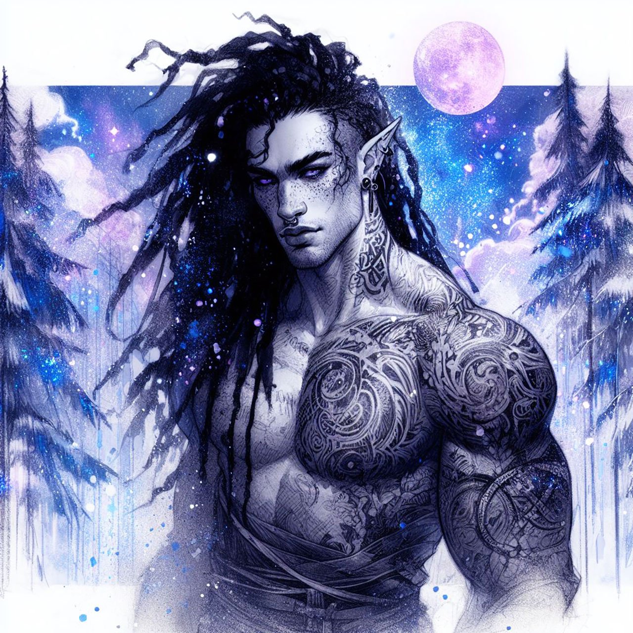 A muscular male pale elf warrior, with black dreadlocks, tattoos on his body & freckles.. He is a warrior. he is in the middle of a magical misty purple forest with white trees, Elf, elves, nymphs, ethereal, folklore, fantasy, forest, wallpapers