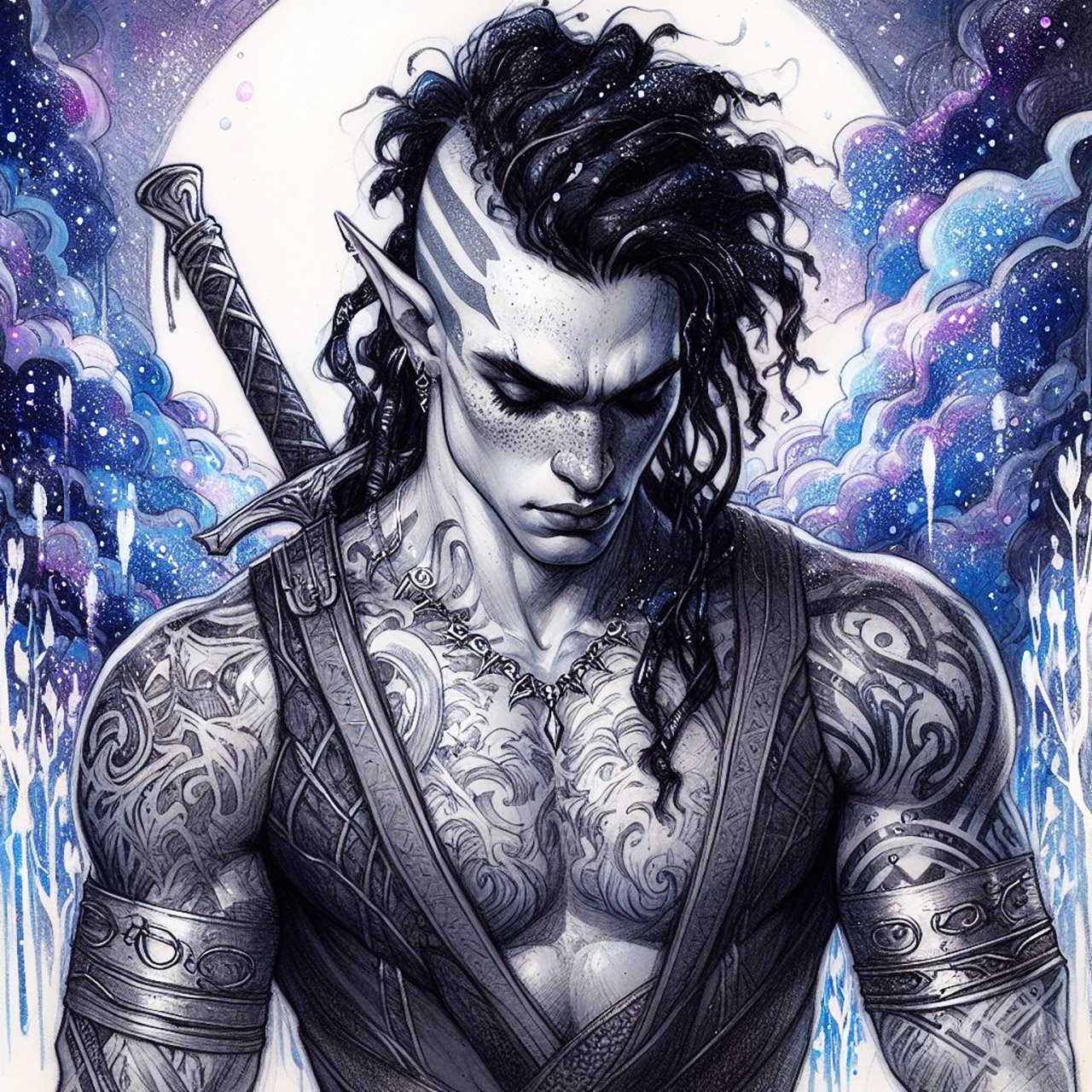 A muscular male pale elf warrior, with black dreadlocks, tattoos on his body & freckles.. He is a warrior. he is in the middle of a magical misty purple forest with white trees, Elf, elves, nymphs, ethereal, folklore, fantasy, forest, wallpapers