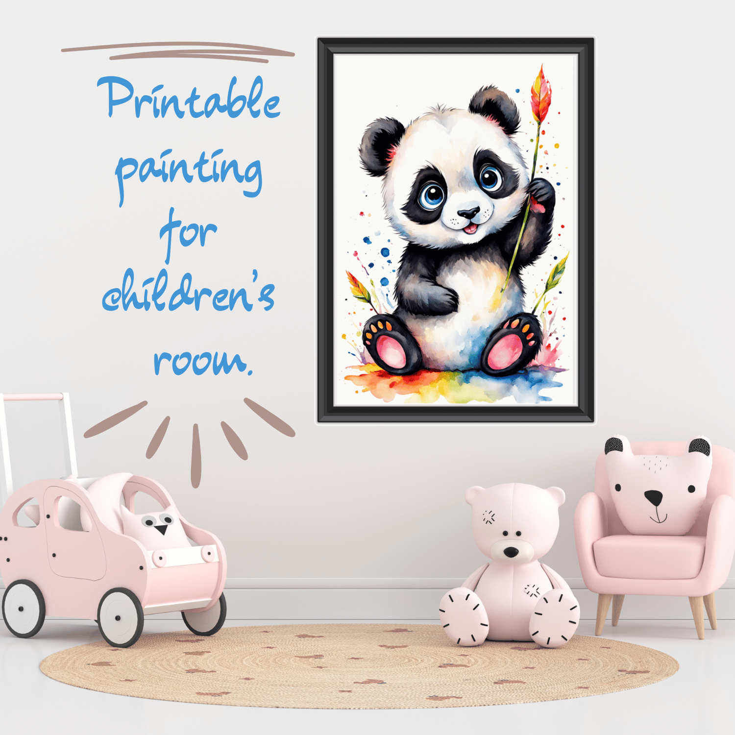 a little panda playing with colors