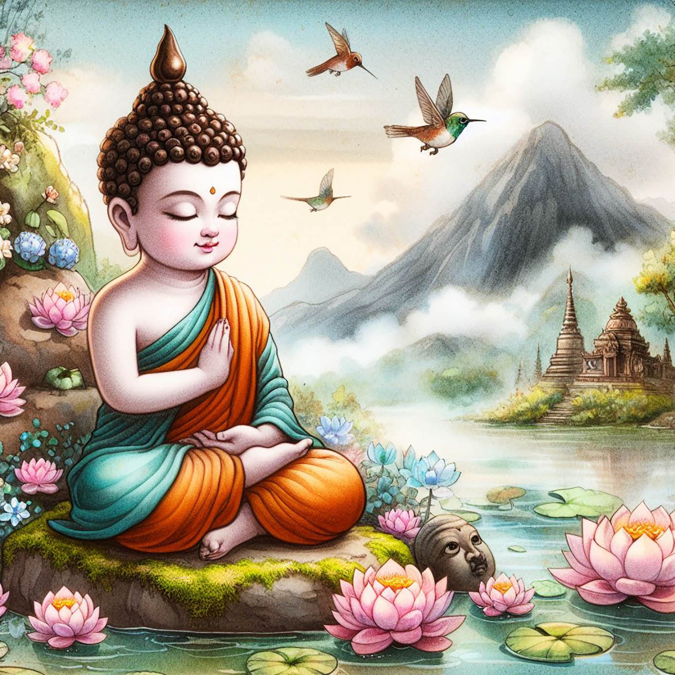 A beautiful child buddha with pale blue & orange robes & a brown headpiece meditates on a mossy rock besides a misty green lake which is adorned with dozens of purple & Blue lotus flowers. There are tiny humming birds flying nearby. There are mountains be