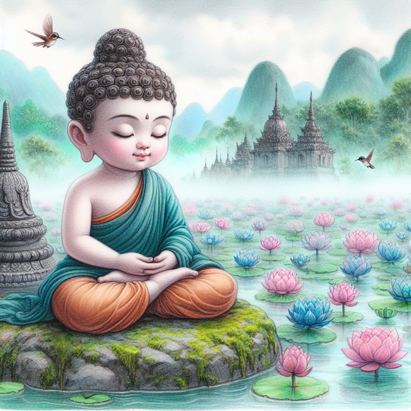 A beautiful child buddha with pale blue & orange robes & a brown headpiece meditates on a mossy rock besides a misty green lake which is adorned with dozens of purple & Blue lotus flowers. There are tiny humming birds flying nearby. There are mountains be