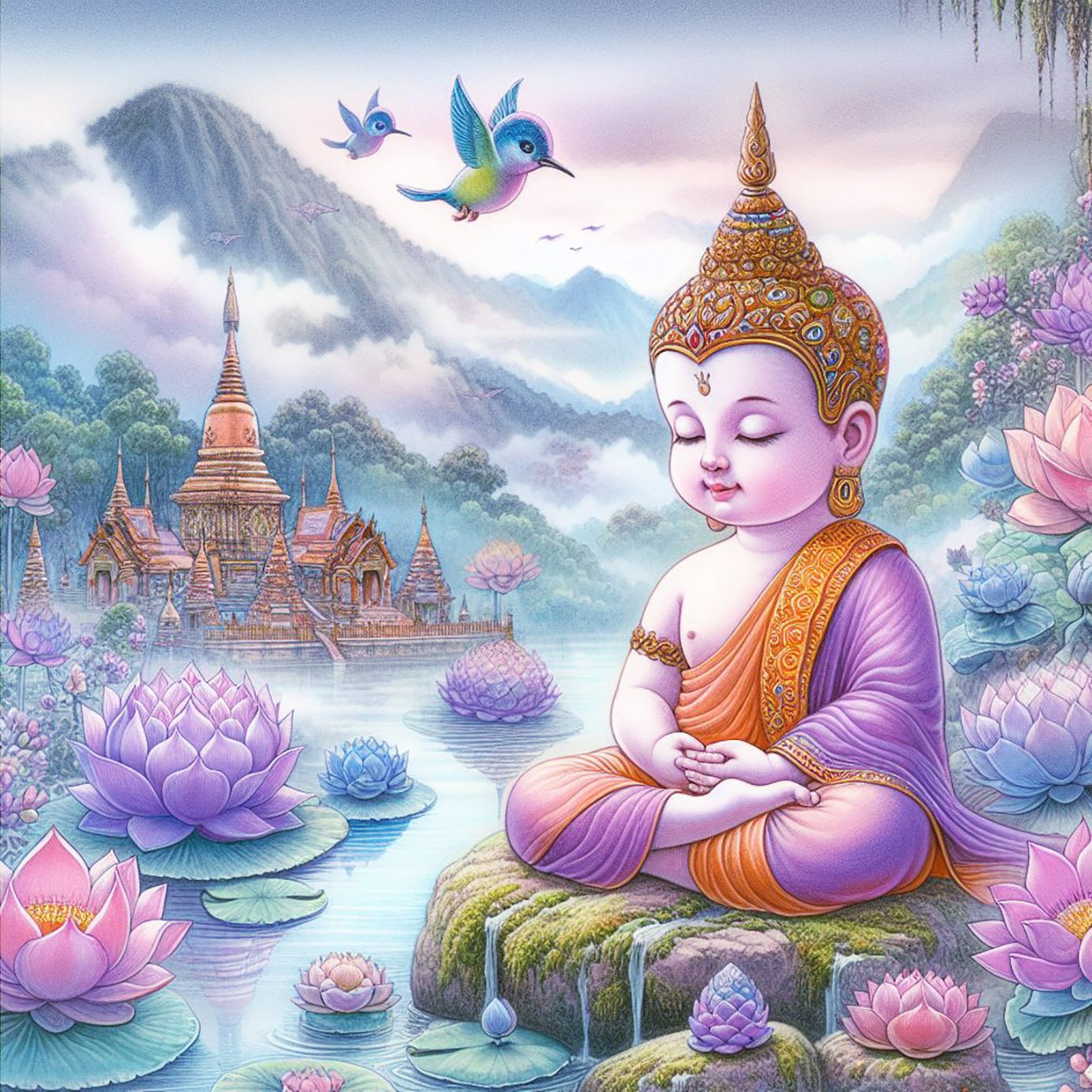 A beautiful child buddha with pale lilac & orange robes & a brown headpiece meditates on a mossy rock besides a misty green lake which is adorned with dozens of pink & Blue lotus flowers. There are tiny humming birds flying nearby. There are mountains beh