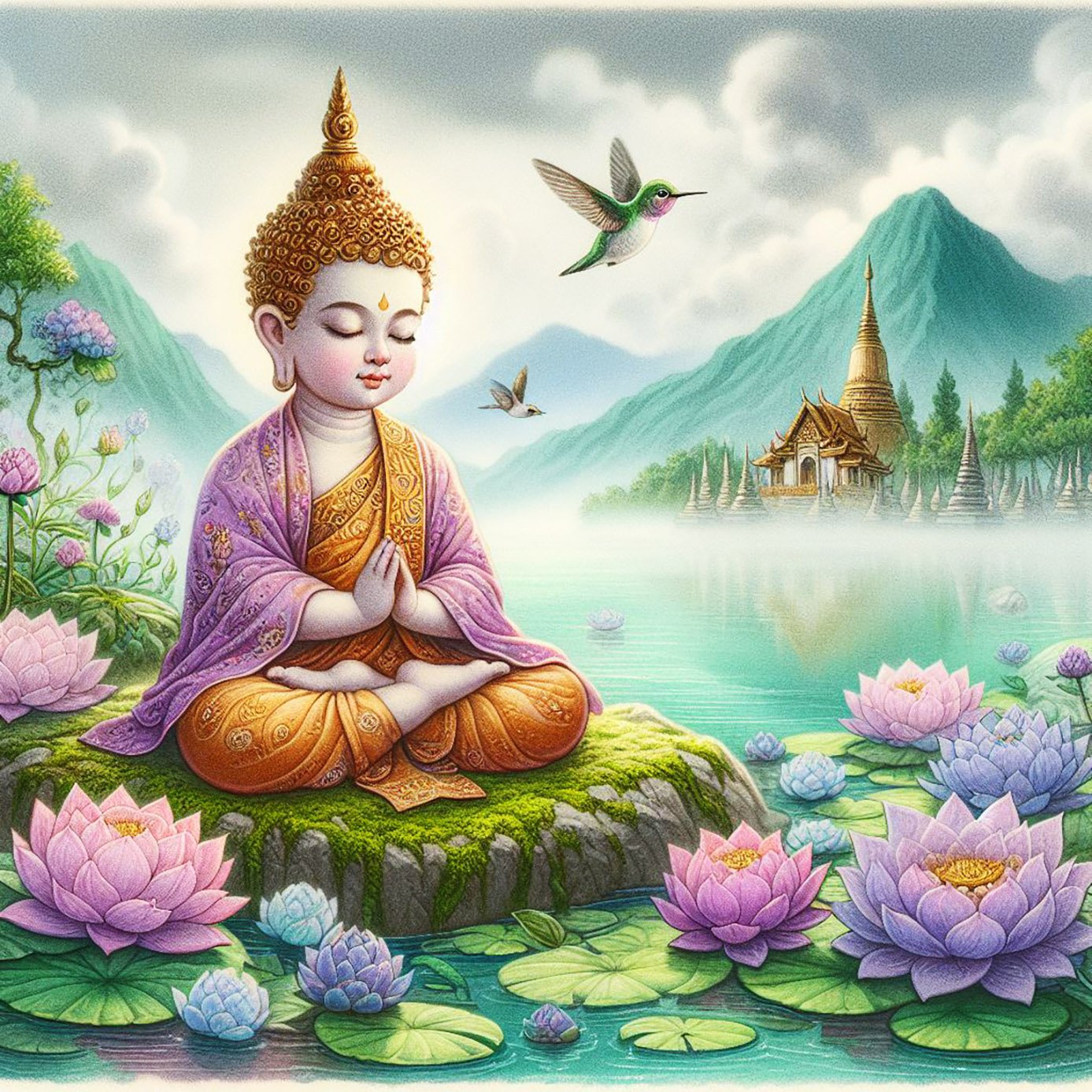 A beautiful child buddha with pale lilac & orange robes & a brown headpiece meditates on a mossy rock besides a misty green lake which is adorned with dozens of pink & Blue lotus flowers. There are tiny humming birds flying nearby. There are mountains beh