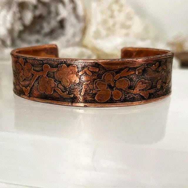 Cherry blossom, etched copper cuff bracelet