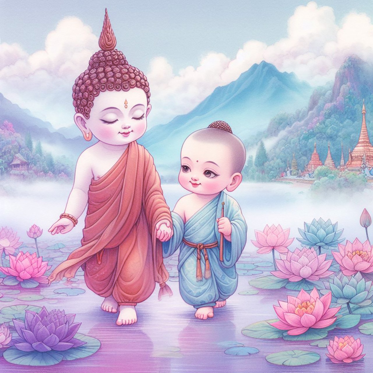 A beautiful child buddha with pale blue & orange robes & a brown headpiece holding the hand of a toddler buddha with gold headpiece. They walk across a misty purple lake which is adorned with dozens of pink, purple & Blue lotus flowers. There are mountain