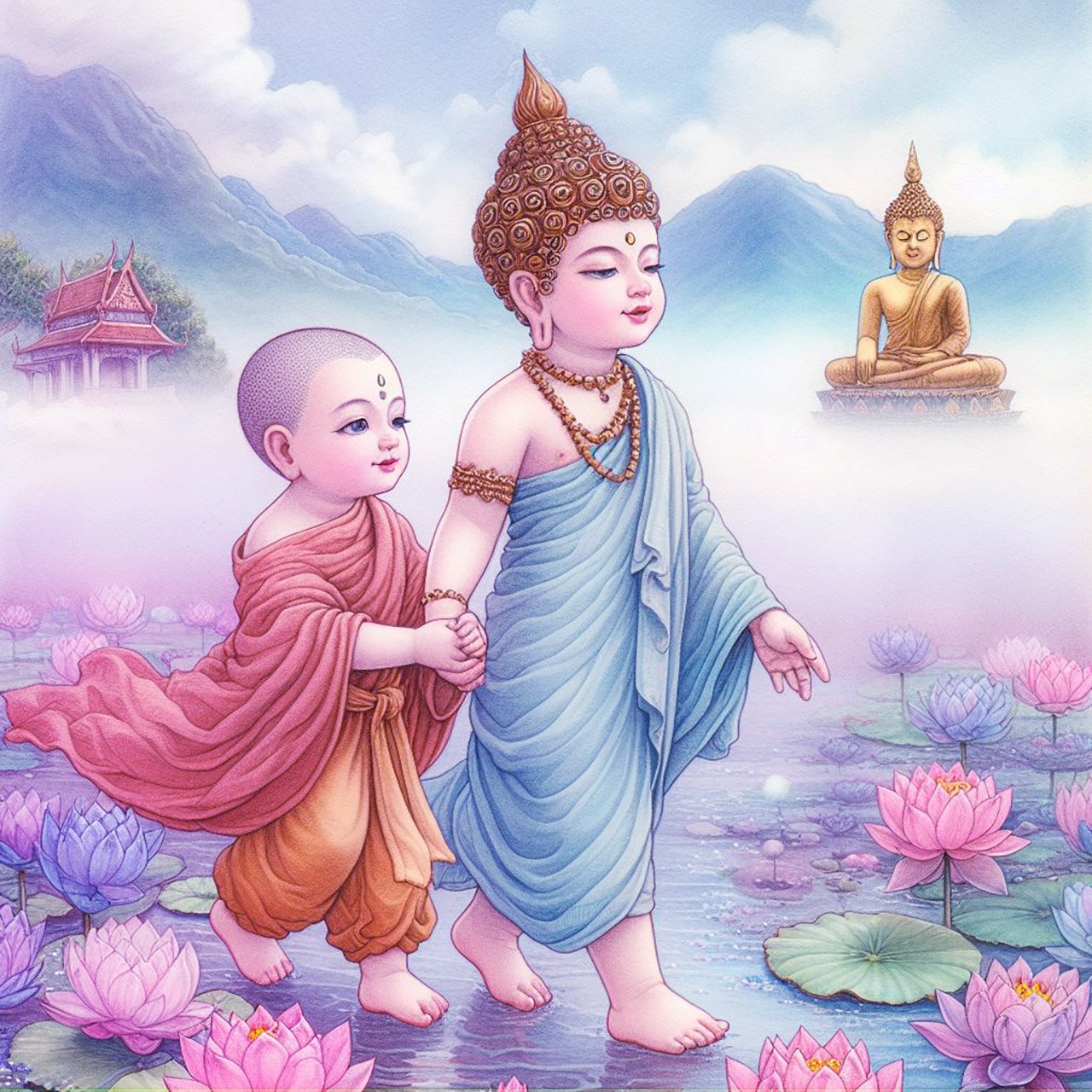 A beautiful child buddha with pale blu e & orange robes & a brown headpiece holding the hand of a toddler buddha with gold headpiece. They walk across a misty purple lake which is adorned with dozens of pink, purple & Blue lotus flowers. There are mountai