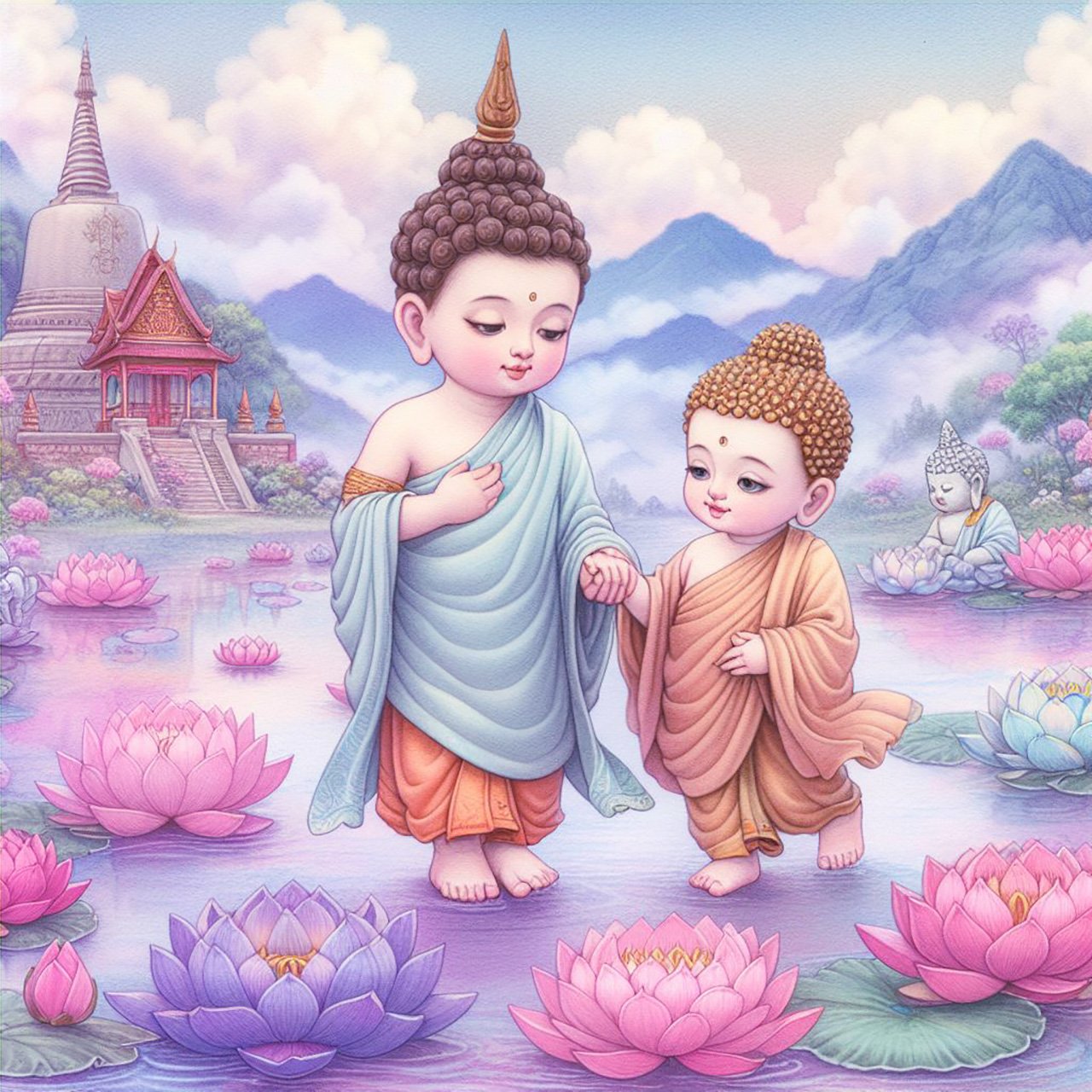 A beautiful child buddha with pale blue & orange robes & a brown headpiece holding the hand of a toddler buddha with gold headpiece. They walk across a misty purple lake which is adorned with dozens of pink, purple & Blue lotus flowers. There are mountain