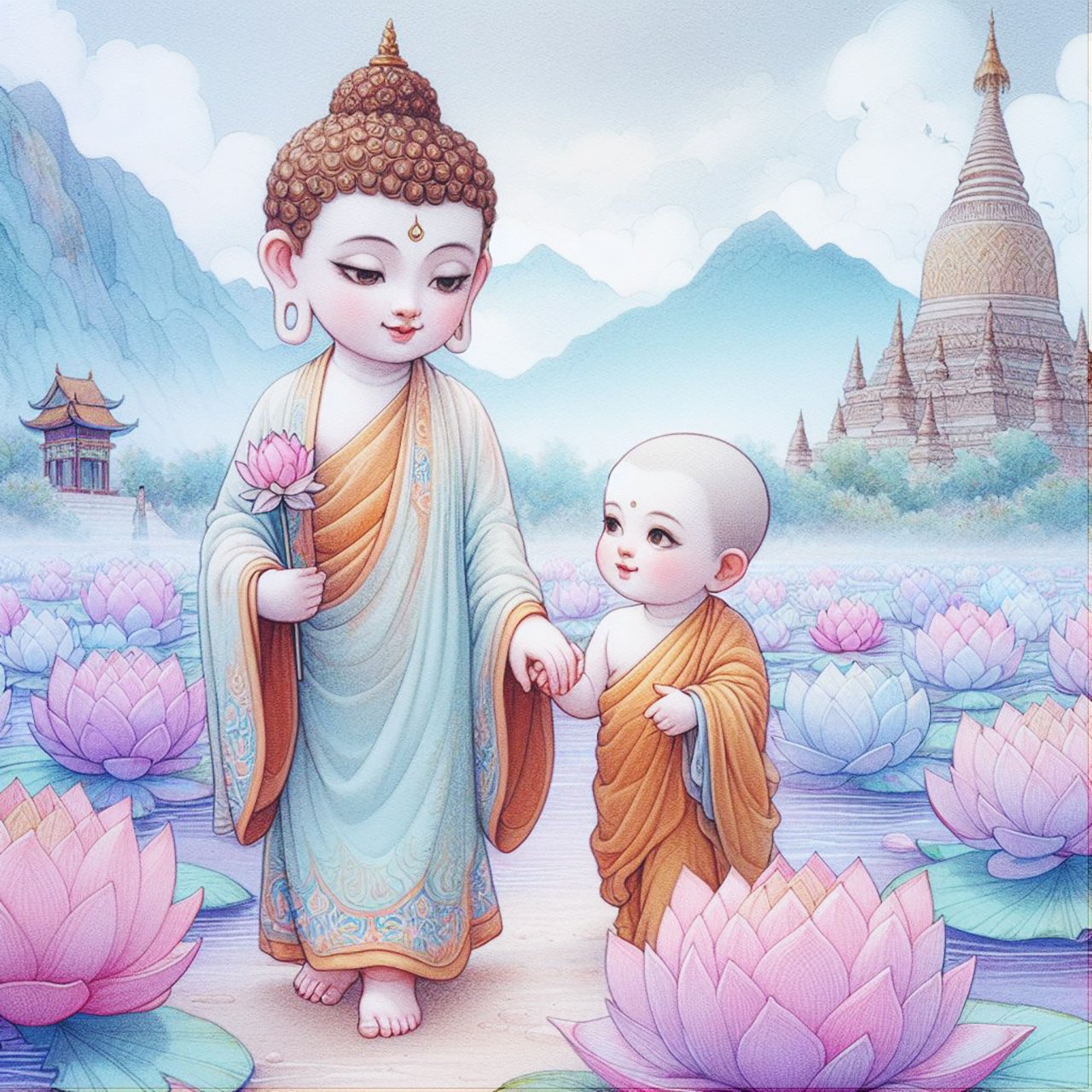 A beautiful child buddha with pale blue & orange robes & a brown headpiece holding the hand of a toddler buddha with gold headpiece. They walk across a misty purple lake which is adorned with dozens of pink, purple & Blue lotus flowers. There are mountain