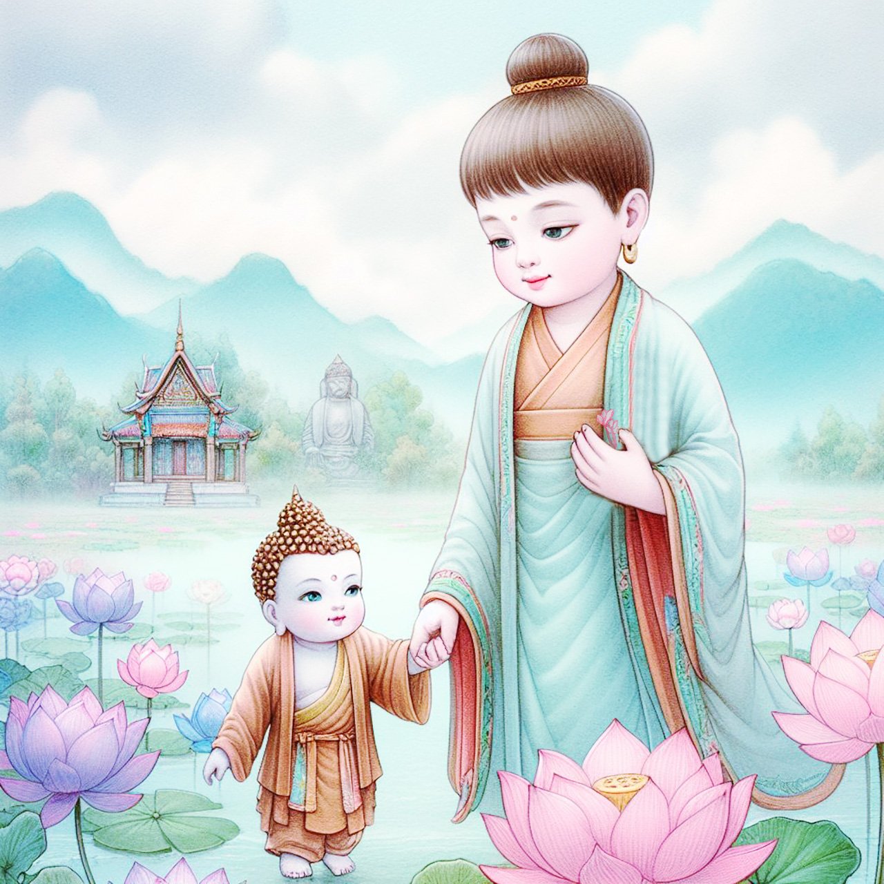 A beautiful child buddha with pale blue & orange robes & a brown headpiece holding the hand of a toddler buddha with gold headpiece. They walk across a misty purple lake which is adorned with dozens of pink, purple & Blue lotus flowers. There are mountain