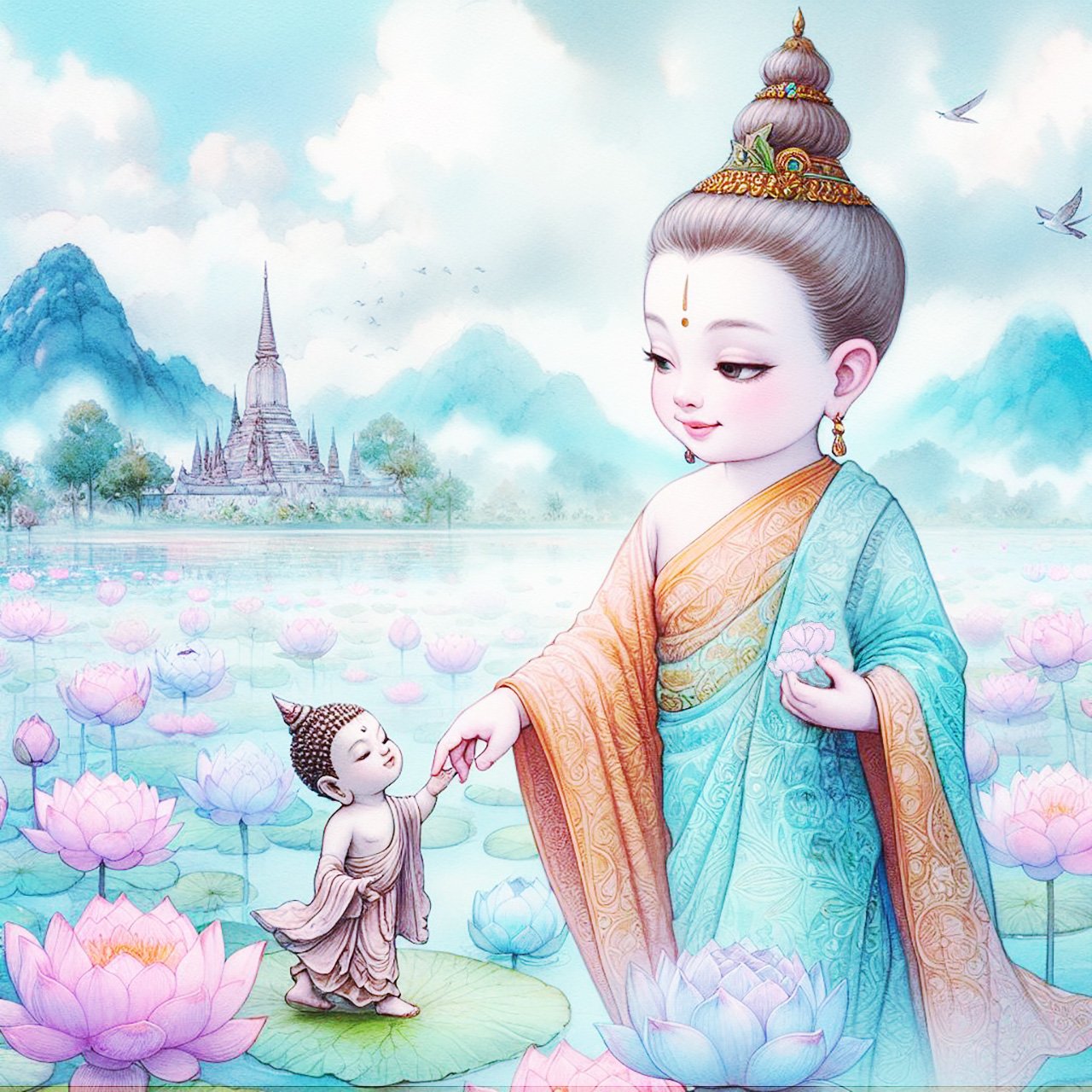 A beautiful child buddha with pale blue & orange robes & a brown headpiece holding the hand of a mini sized buddha with gold headpiece. They walk across a misty purple lake which is adorned with dozens of pink, purple & Blue lotus flowers. There are mount