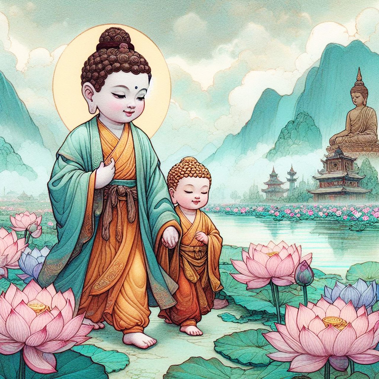 A beautiful child buddha with pale blue & orange robes & a brown headpiece holding the hand of a toddler buddha with gold headpiece. They walk across a misty purple lake which is adorned with dozens of pink, purple & Blue lotus flowers. There are mountain