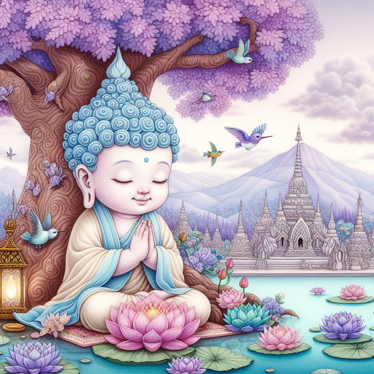 A beautiful child buddha with gold & blue robes & a dark blue & silver headpiece sits praying against a huge curly oak tree beside a turquoise lake which is scattered with purple, Blue & orange lotus flowers. there are tiny humming birds flying nearby. Th