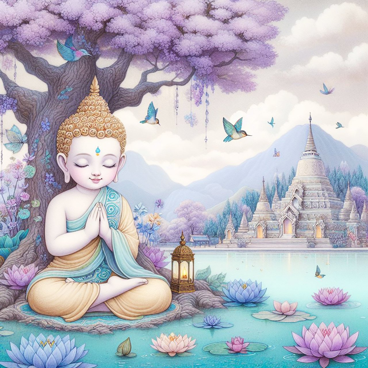 A beautiful child buddha with gold & blue robes & a dark blue & silver headpiece sits praying against a huge curly oak tree beside a turquoise lake which is scattered with purple, Blue & orange lotus flowers. there are tiny humming birds flying nearby. Th