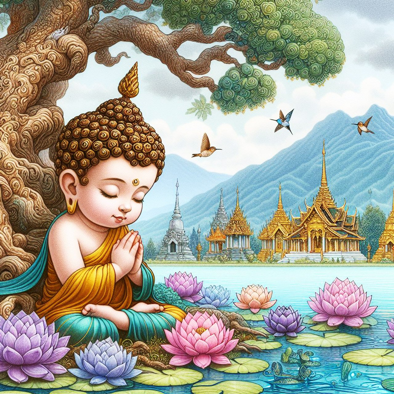 Buddha, buddhism, budhist, Spiritual, Monasteries, Temples, Lotus Flowers, fantasy, wallpapers, prays, meditates, meditation, Buddha children, lakes, forest, mountains, trees