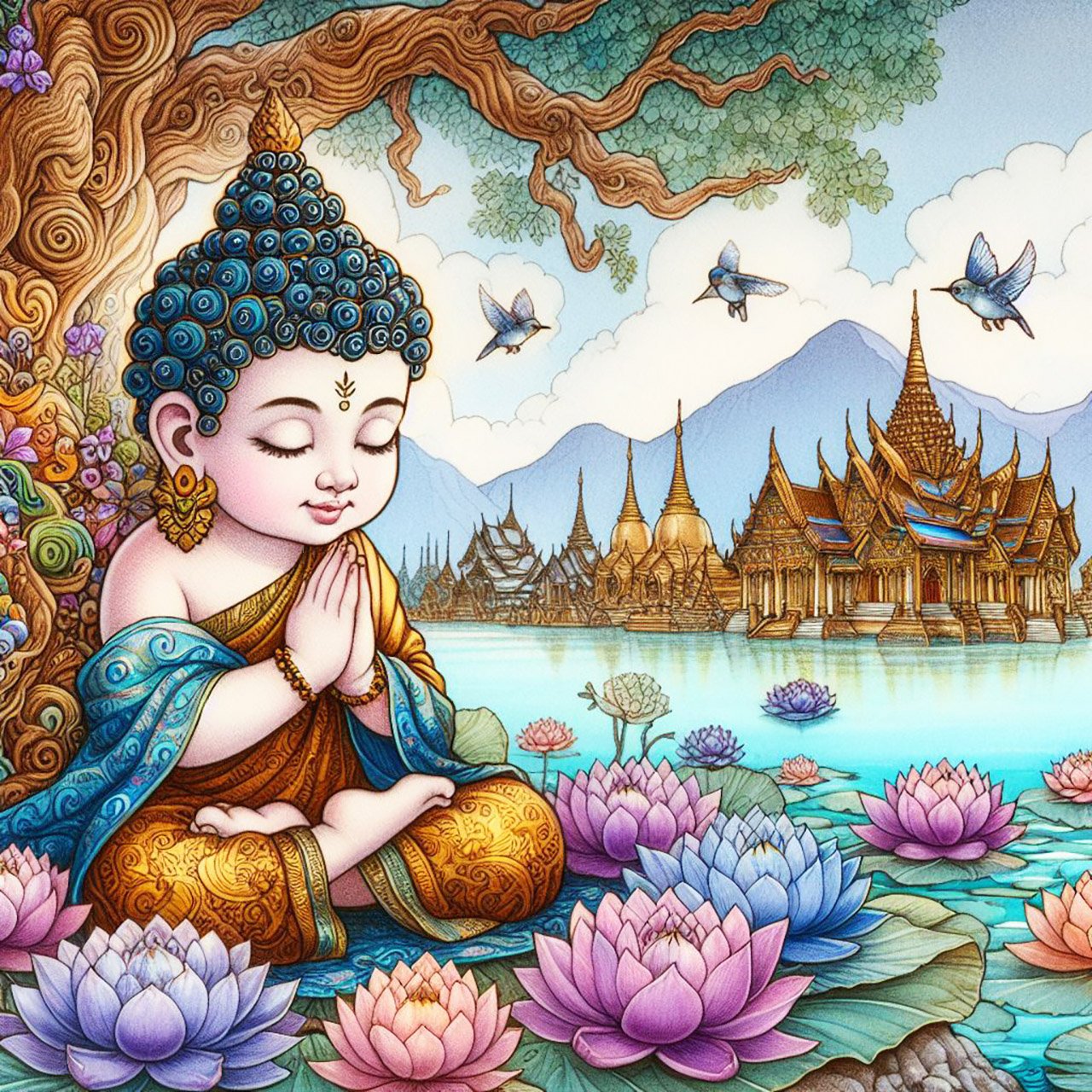 Buddha, buddhism, budhist, Spiritual, Monasteries, Temples, Lotus Flowers, fantasy, wallpapers, prays, meditates, meditation, Buddha children, lakes, forest, mountains, trees