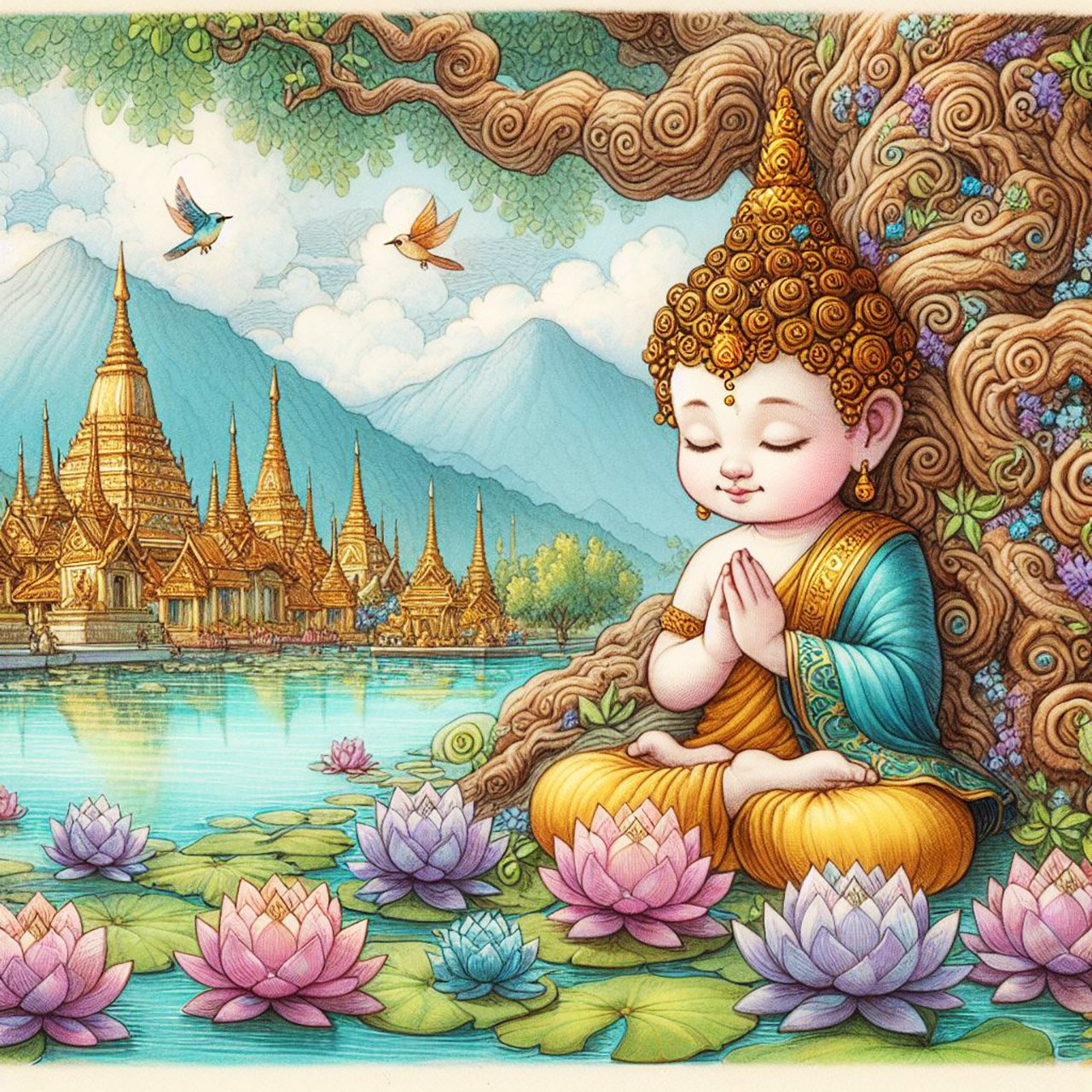 Buddha, buddhism, budhist, Spiritual, Monasteries, Temples, Lotus Flowers, fantasy, wallpapers, prays, meditates, meditation, Buddha children, lakes, forest, mountains, trees