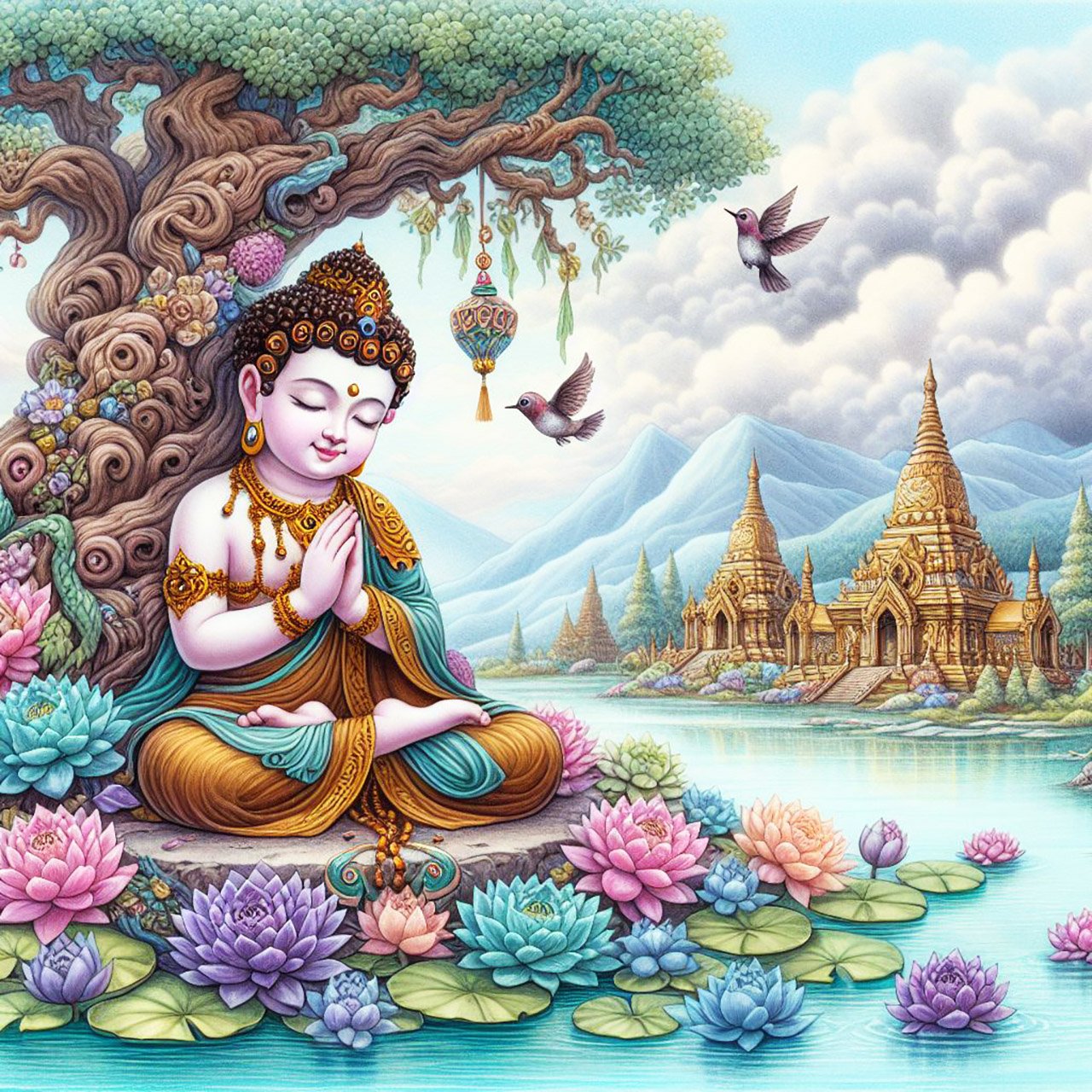 Buddha, buddhism, budhist, Spiritual, Monasteries, Temples, Lotus Flowers, fantasy, wallpapers, prays, meditates, meditation, Buddha children, lakes, forest, mountains, trees