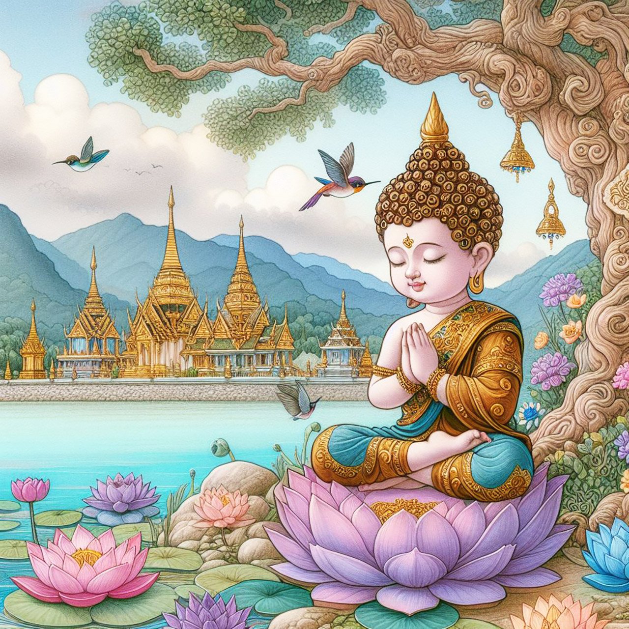 Buddha, buddhism, budhist, Spiritual, Monasteries, Temples, Lotus Flowers, fantasy, wallpapers, prays, meditates, meditation, Buddha children, lakes, forest, mountains, trees