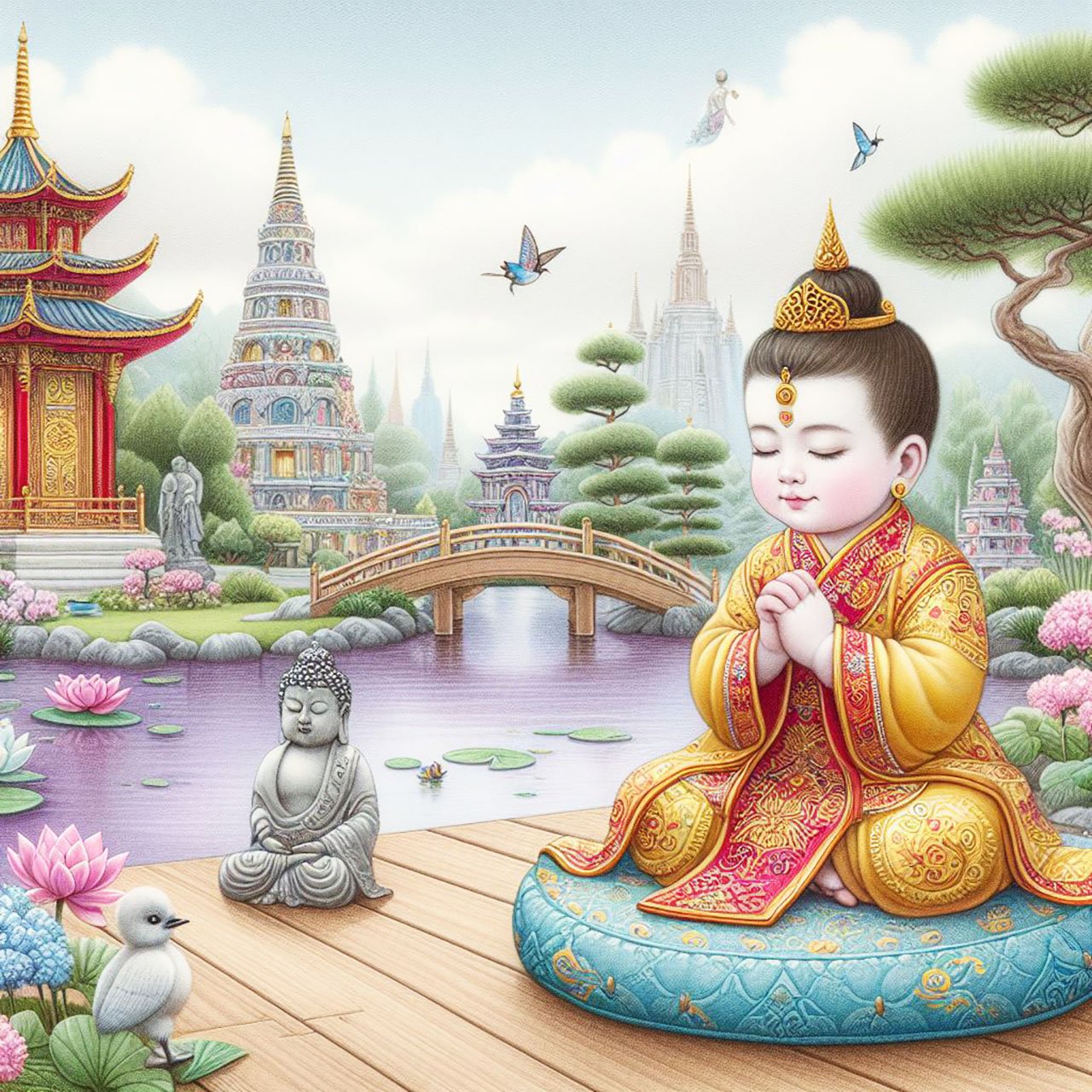 Buddha, buddhism, budhist, Spiritual, Monasteries, Temples, Lotus Flowers, fantasy, wallpapers, prays, meditates, meditation, Buddha children, lakes, forest, mountains, trees