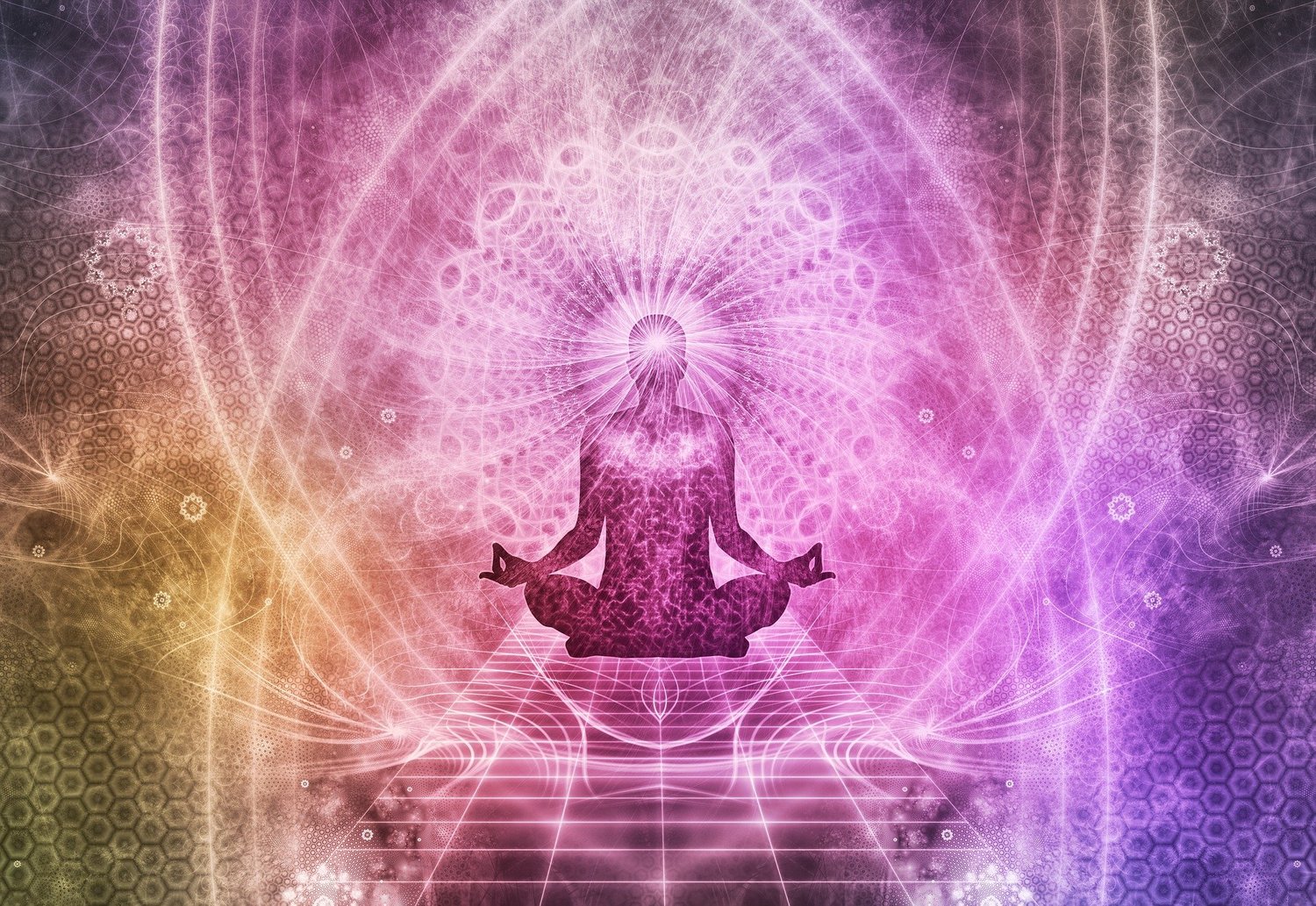 creative collage image of person in meditation surrounded by energy