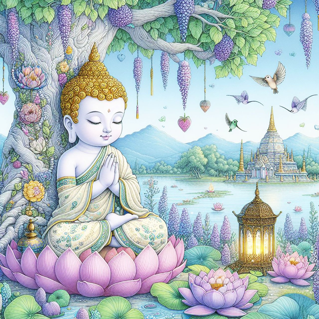 Beautiful child buddha with cream & blue robes, intricate stitch detail & a gold headpiece sits praying against a huge Bodhi tree with heart shaped leaves beside a lavender lake which is scattered with purple, blue & lotus flowers. There is a lantern & fi