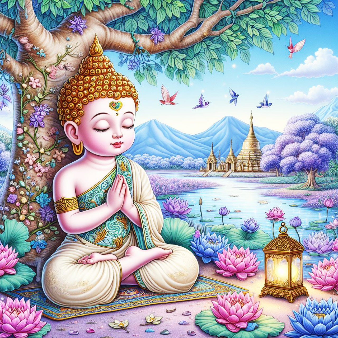 Buddha, buddhism, budhist, Spiritual, Monasteries, Temples, Lotus Flowers, fantasy, wallpapers, prays,meditates, meditation, Buddha children, lakes, forest, mountains, trees, Beautiful child buddha with cream & blue robes, intricate stitch detail & a gold