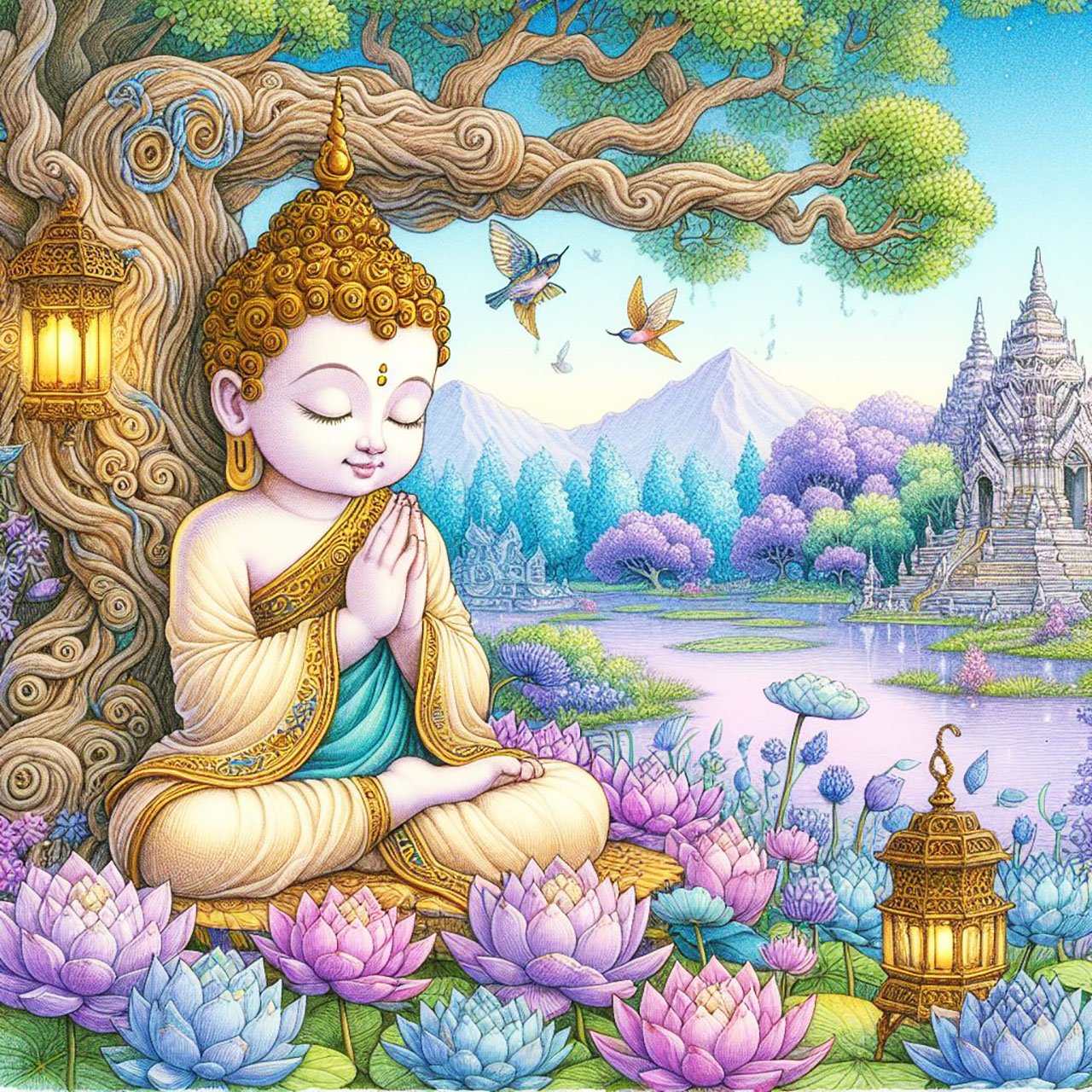 Buddha, buddhism, budhist, Spiritual, Monasteries, Temples, Lotus Flowers, fantasy, wallpapers, prays,meditates, meditation, Buddha children, lakes, forest, mountains, trees