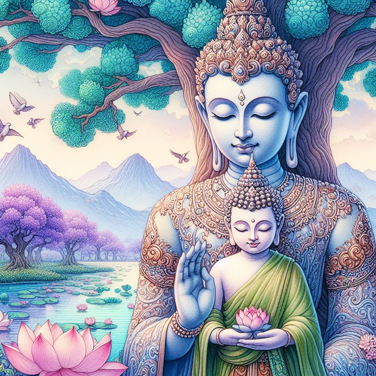 Buddha with delicate pink & orange stitched detail robes stands with a small child buddha with green & lilac robes & lilac headpiece near a curly orange oak tree. There is a lake with lotus flowers & a backdrop of mountains, purple trees & a waterfall. Bi