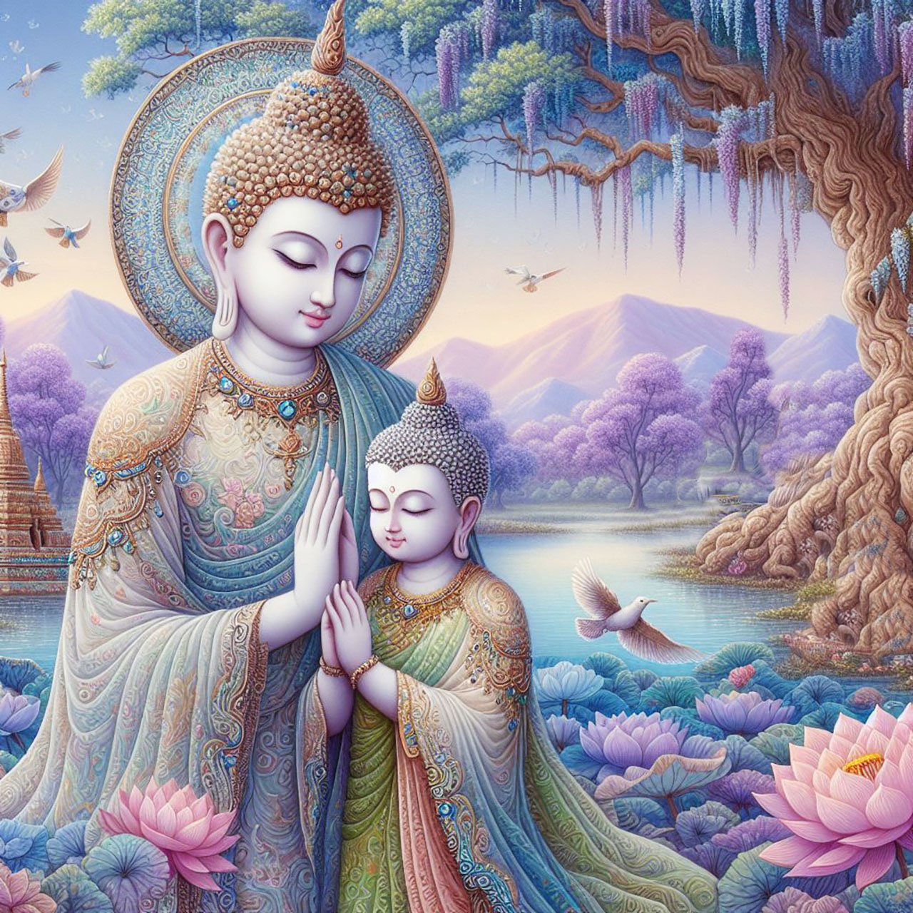 Buddha with delicate pink & orange stitched detail robes stands with a small child buddha with green & lilac robes & lilac headpiece near a curly orange oak tree. There is a lake with lotus flowers & a backdrop of mountains, purple trees & a waterfall. Bi